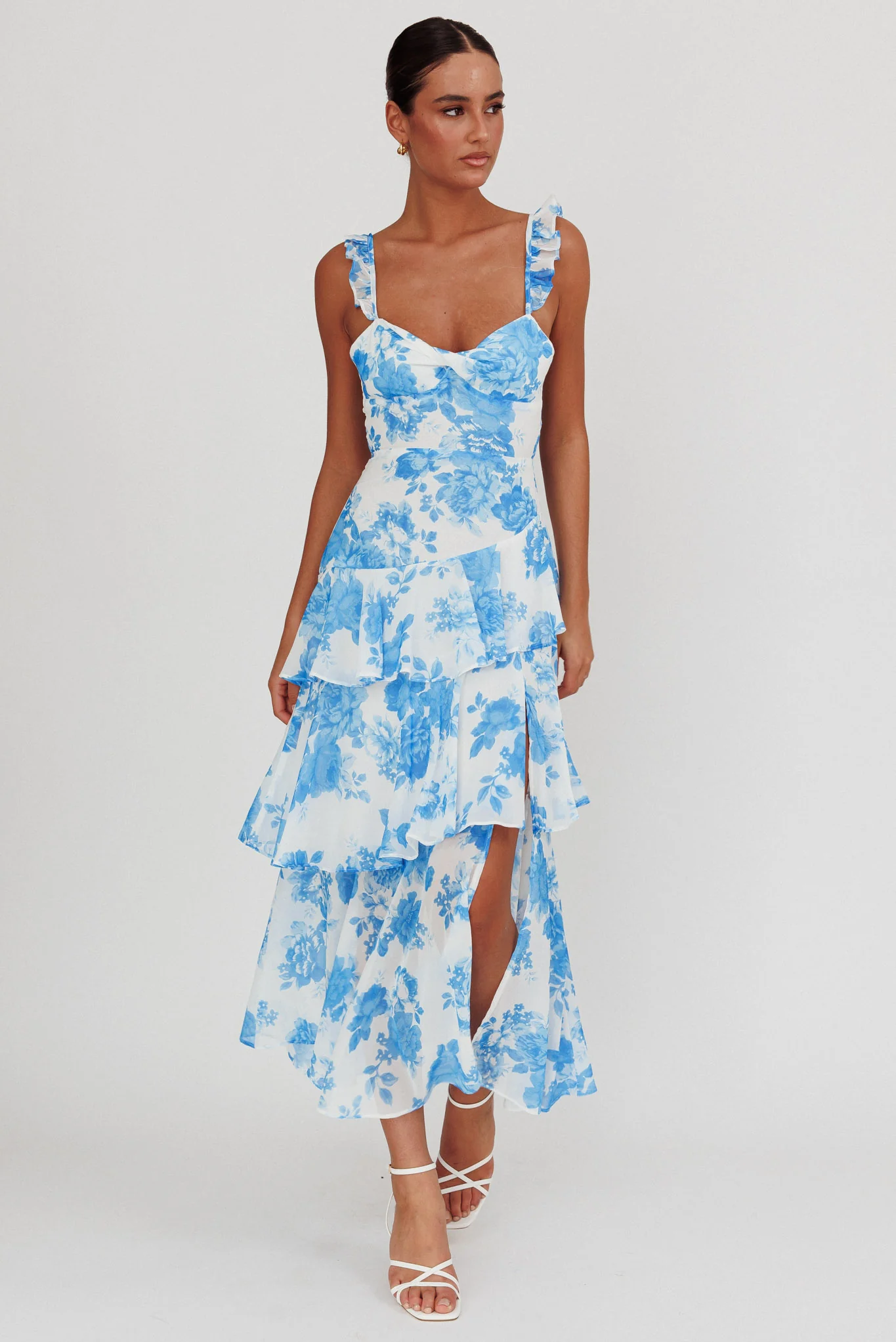 Veda Ruffle Strap Split Maxi Dress Floral White/Blue - Sonourner