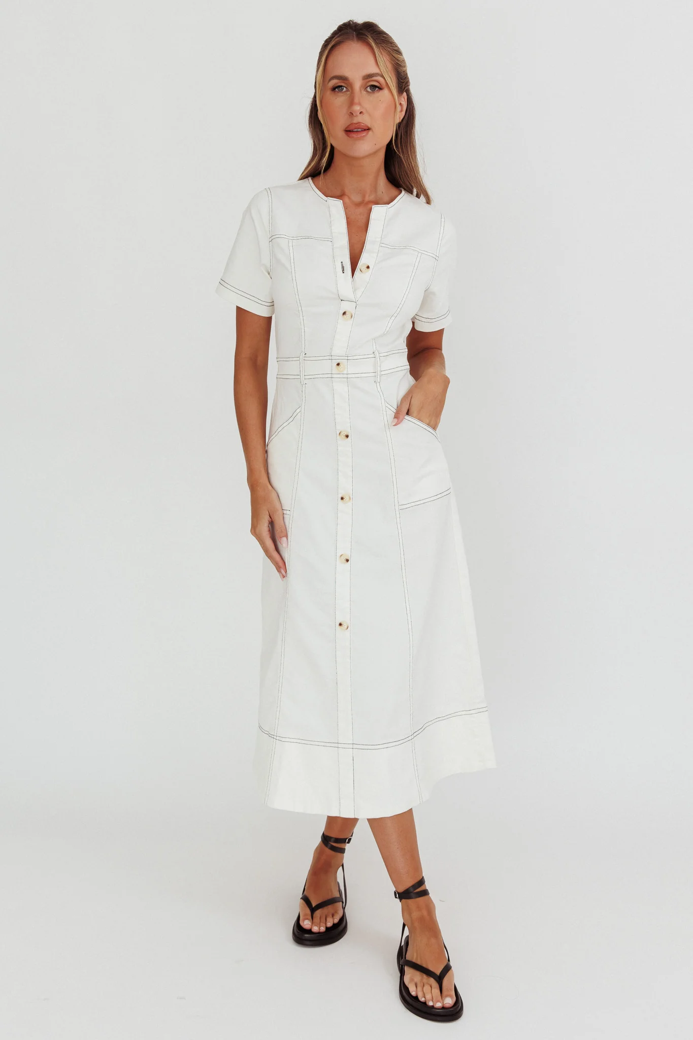 Aspen Love Front Pocket Midi Dress White - Sonourner