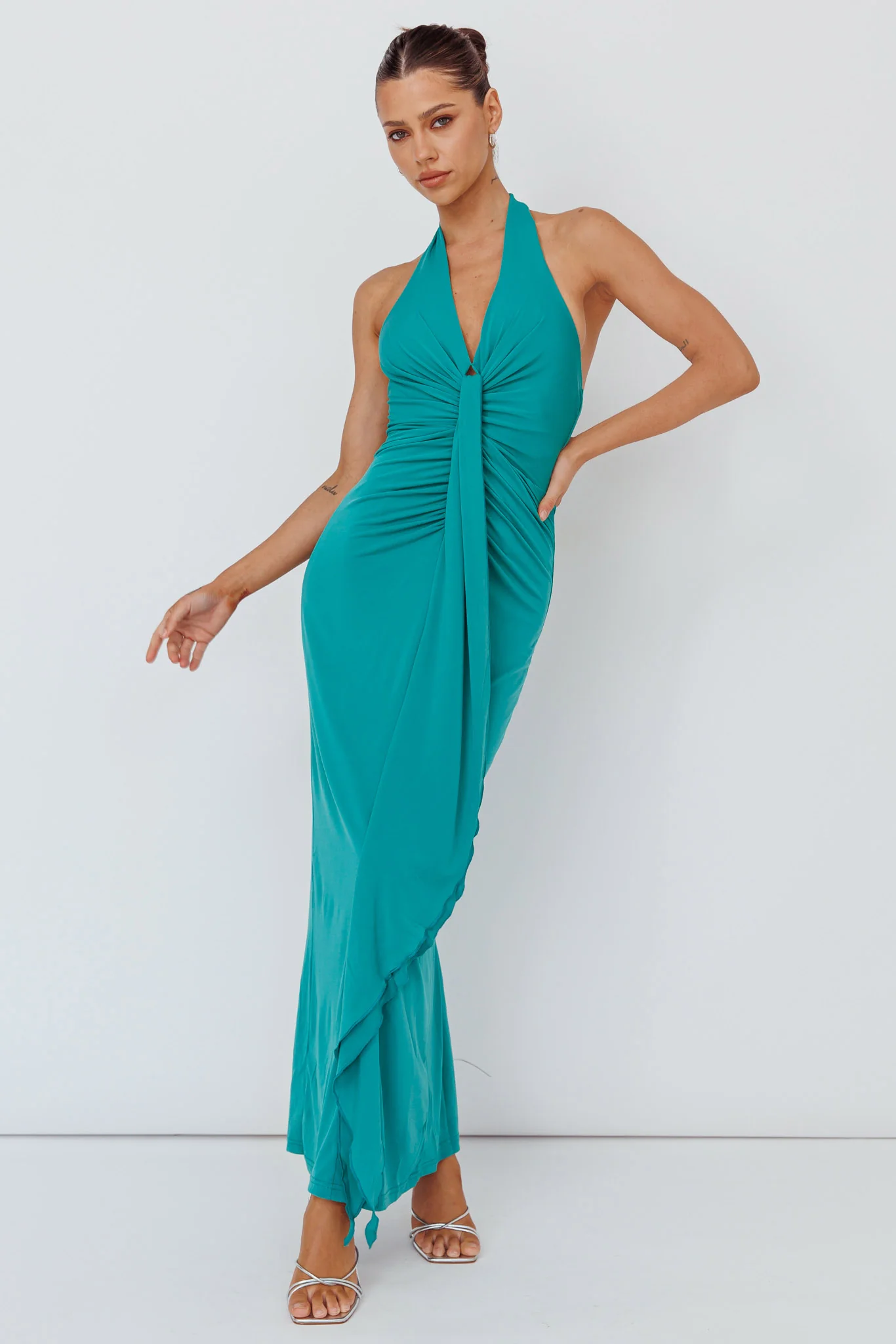 Ray Of Light Ruched Halterneck Maxi Dress Green - Sonourner