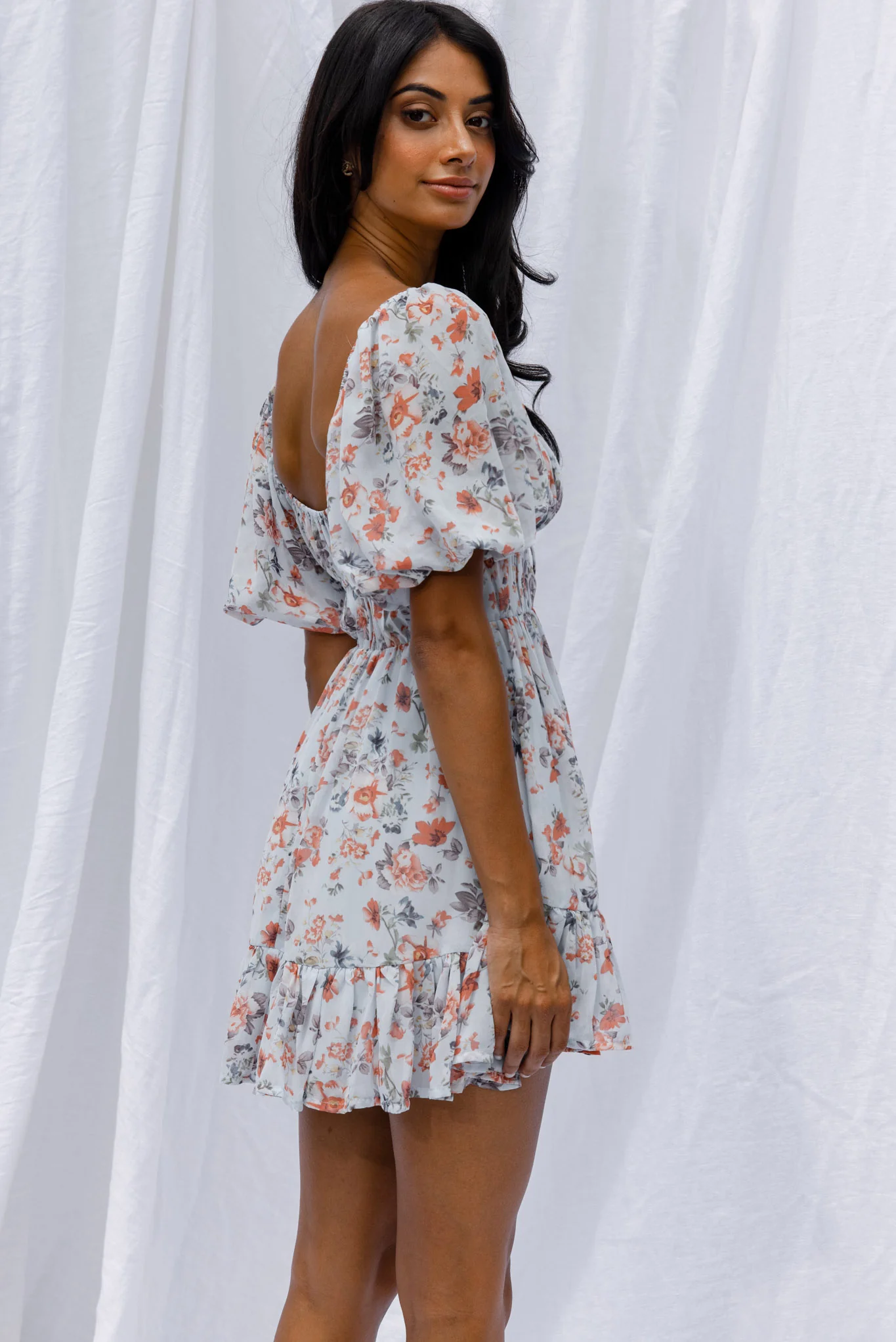 Vista Del Mar Tied Bust Mini Dress Floral Steel Blue - Sonourner