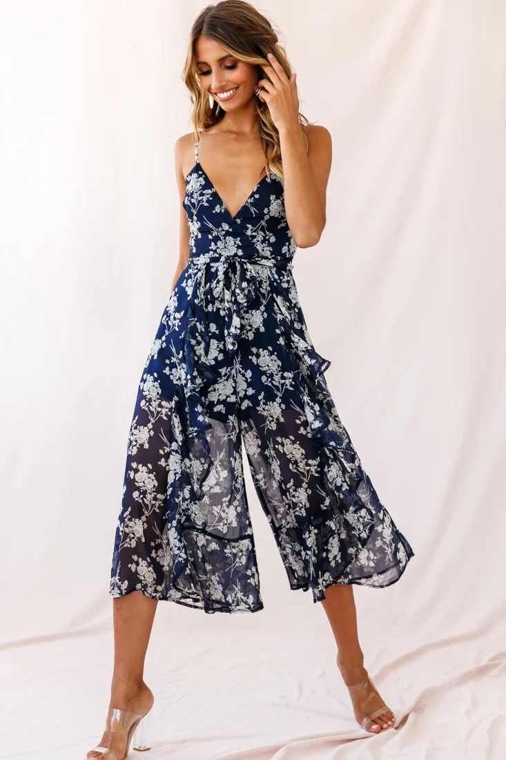 Constance Thin Strap Midi Jumpsuit Navy/White Flower - Sonourner