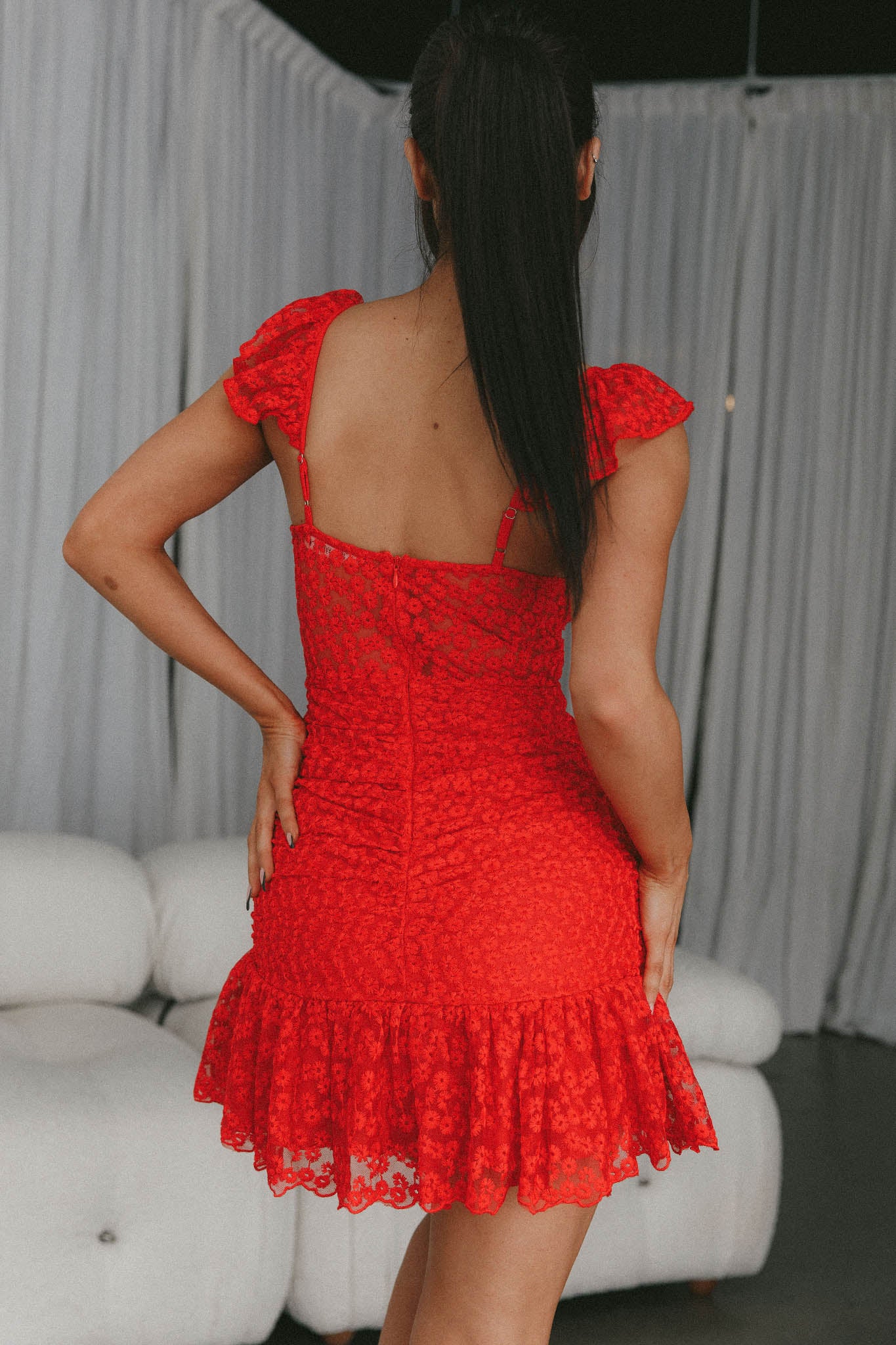 Presley Embroidered Frill Dress Red - Sonourner