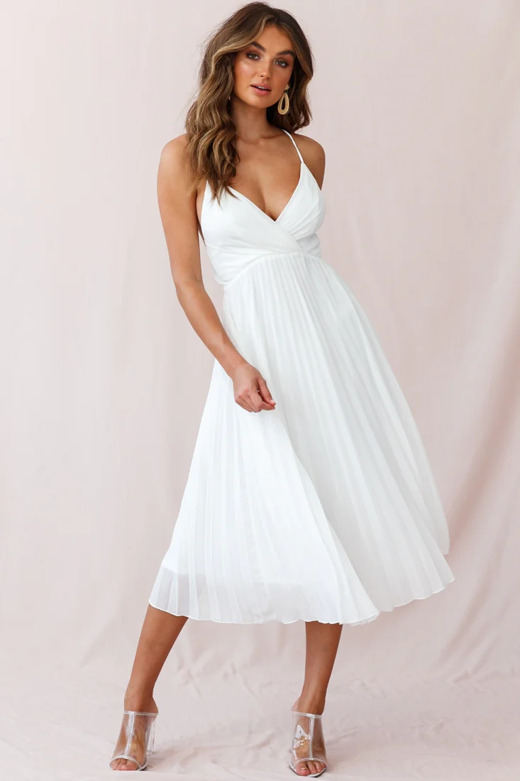 Artemis Accordion Pleat Strappy Back Midi Dress White - Sonourner