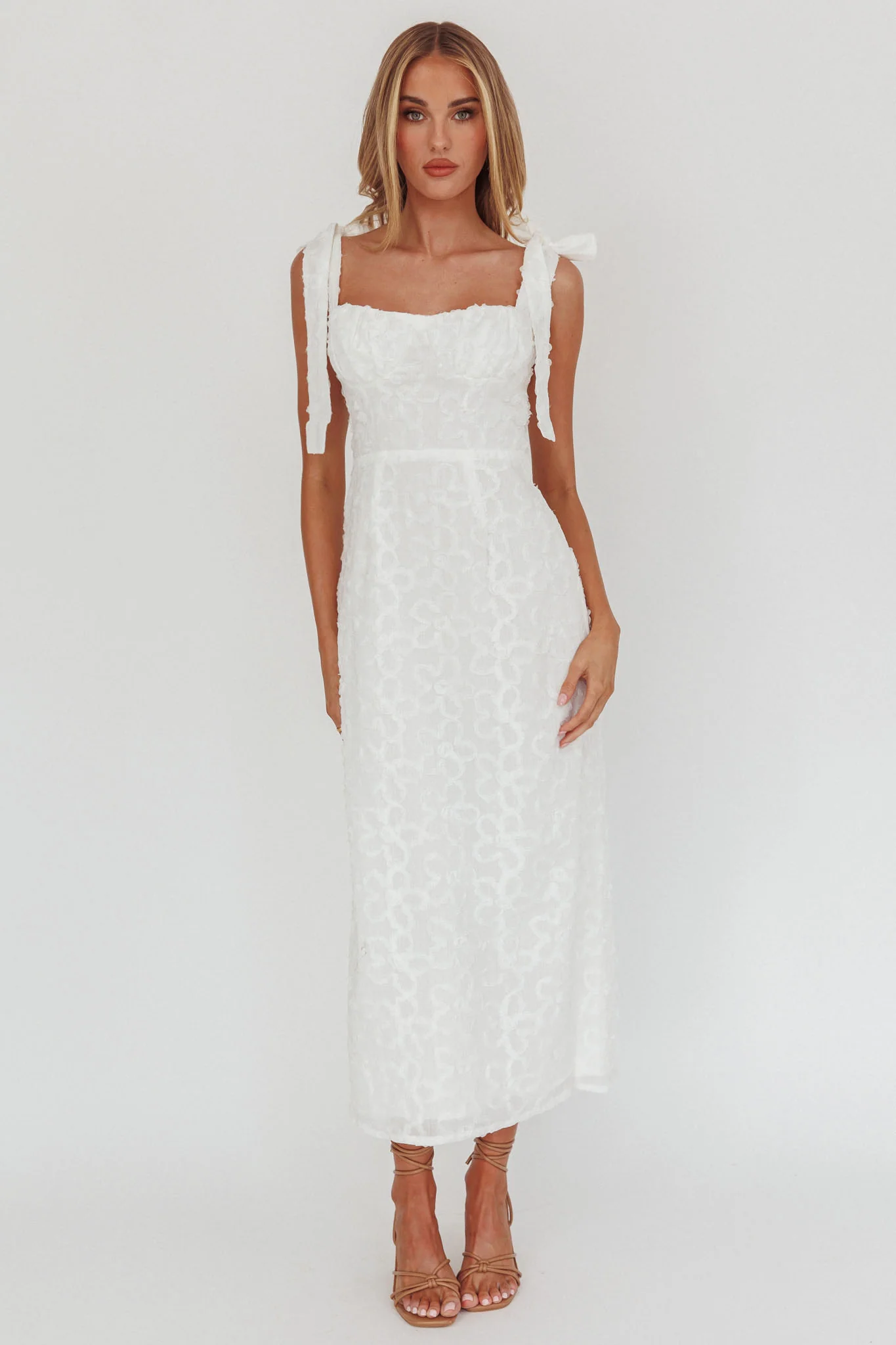 Cupid Tied Shoulder Embellished Midi Dress White - Sonourner