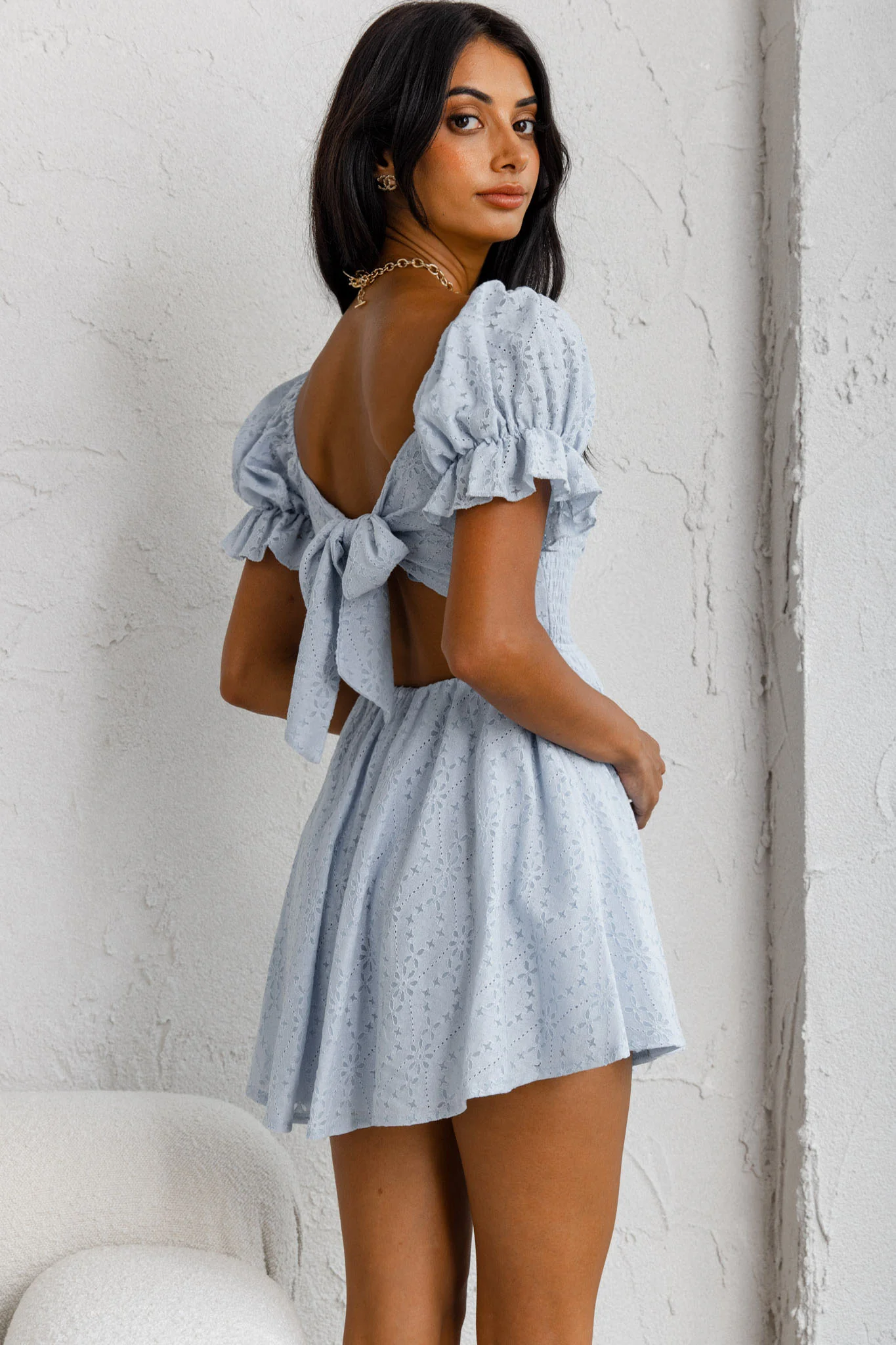 Buongiorno Bella Shirred Lace Up Bodice Mini Dress Blue - Sonourner