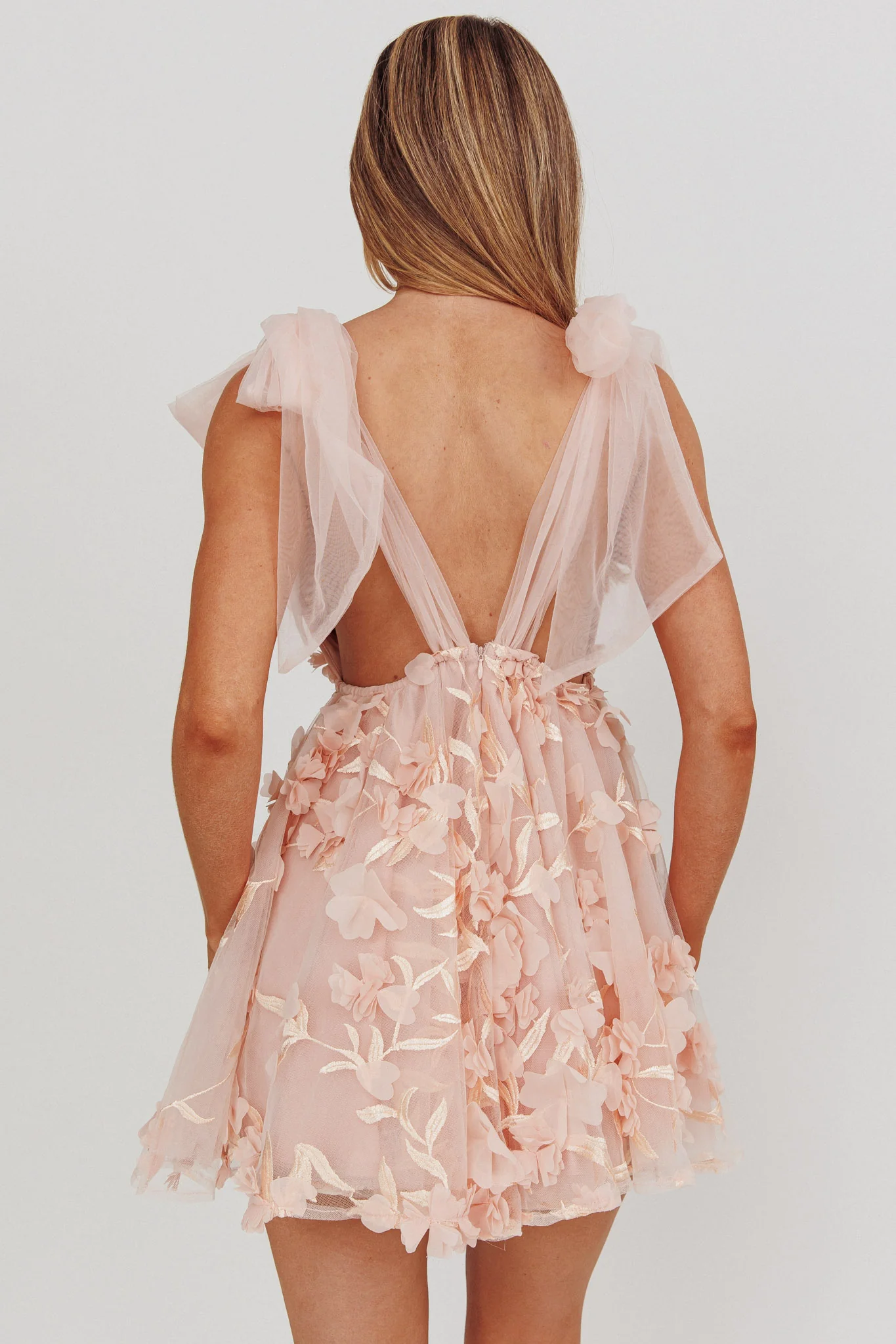 Chantilly Tied Shoulder Mini Dress Floral Embellished Pink - Sonourner