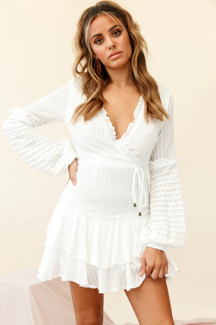 Neve Balloon Sleeve Layered Ruffle Hem Dress White - Sonourner