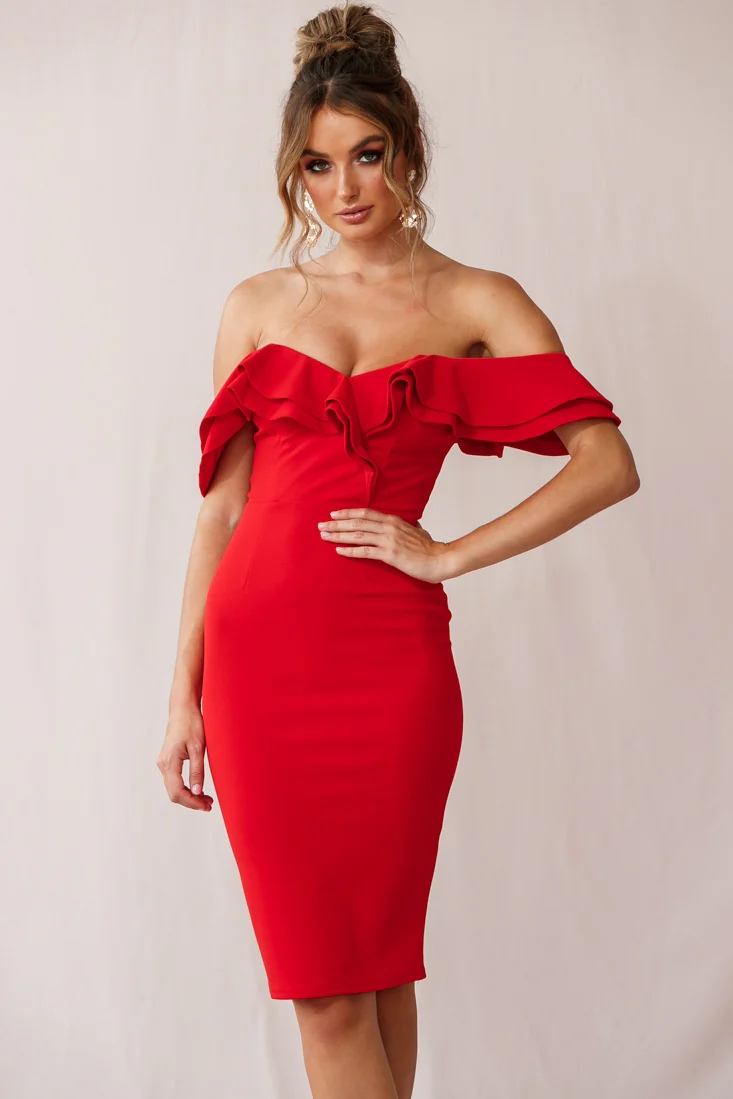 Rossi Ruffled Off The Shoulder Bodycon Dress Red - Sonourner