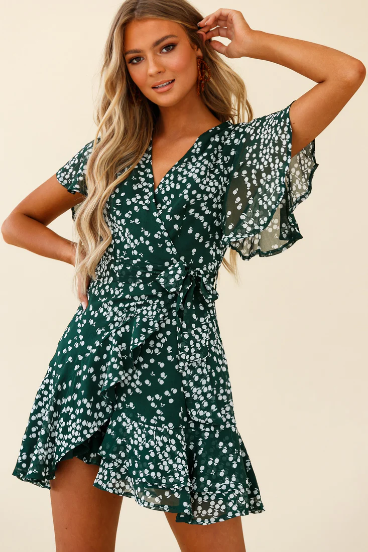 Cami Angel Sleeve Faux Wrap Dress Flower Print Forest Green - Sonourner