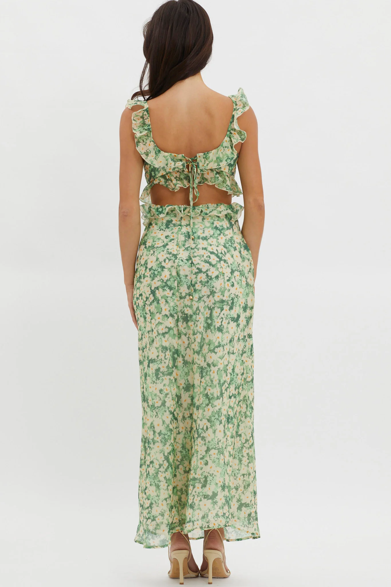 Second Chances Ruffle Trim Maxi Dress Flowers Green - Sonourner