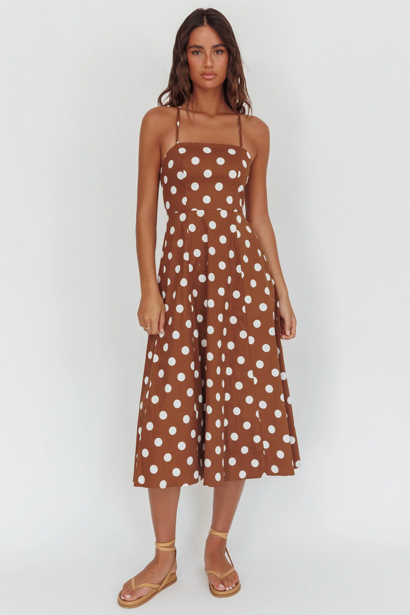 Second Glance Olga Criss-Cross Back Midi Dress Polka Dot Brown - Sonourner