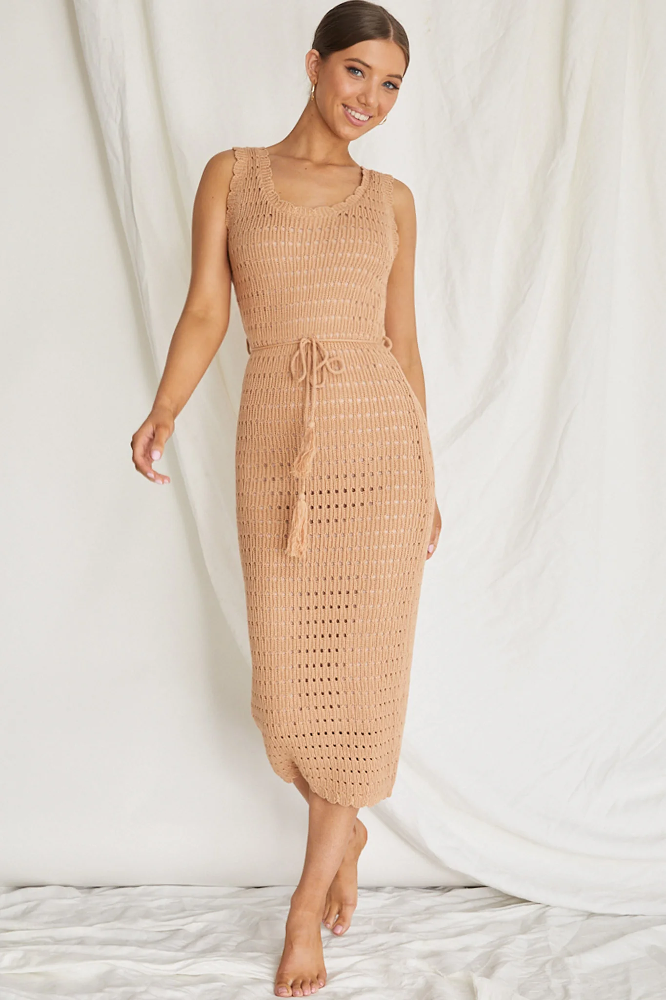 Wander Lust Crochet Midi Dress Mocha - Sonourner