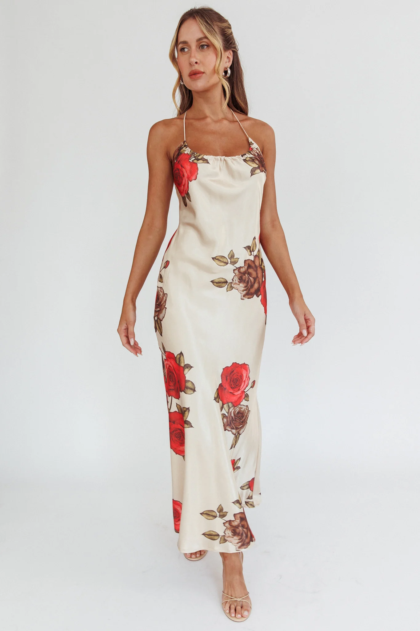 Aspen Spring Lace-Up Back Maxi Dress Floral Beige - Sonourner