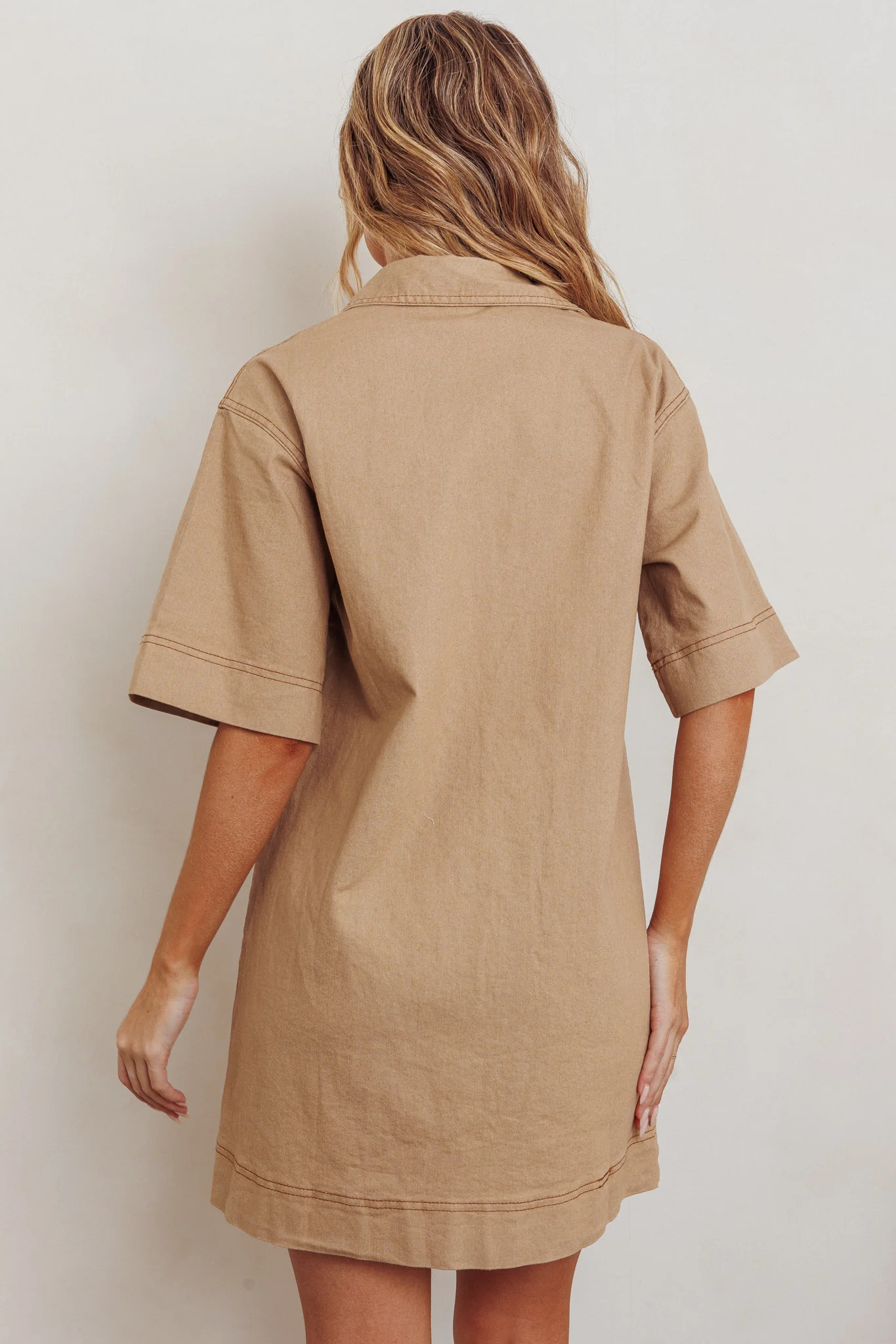 Admiration Contrast Stitching Boxy Mini Dress Beige - Sonourner