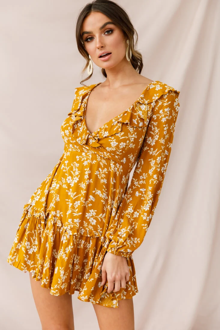 Brentwood Lace Up Babydoll Dress Mustard - Sonourner