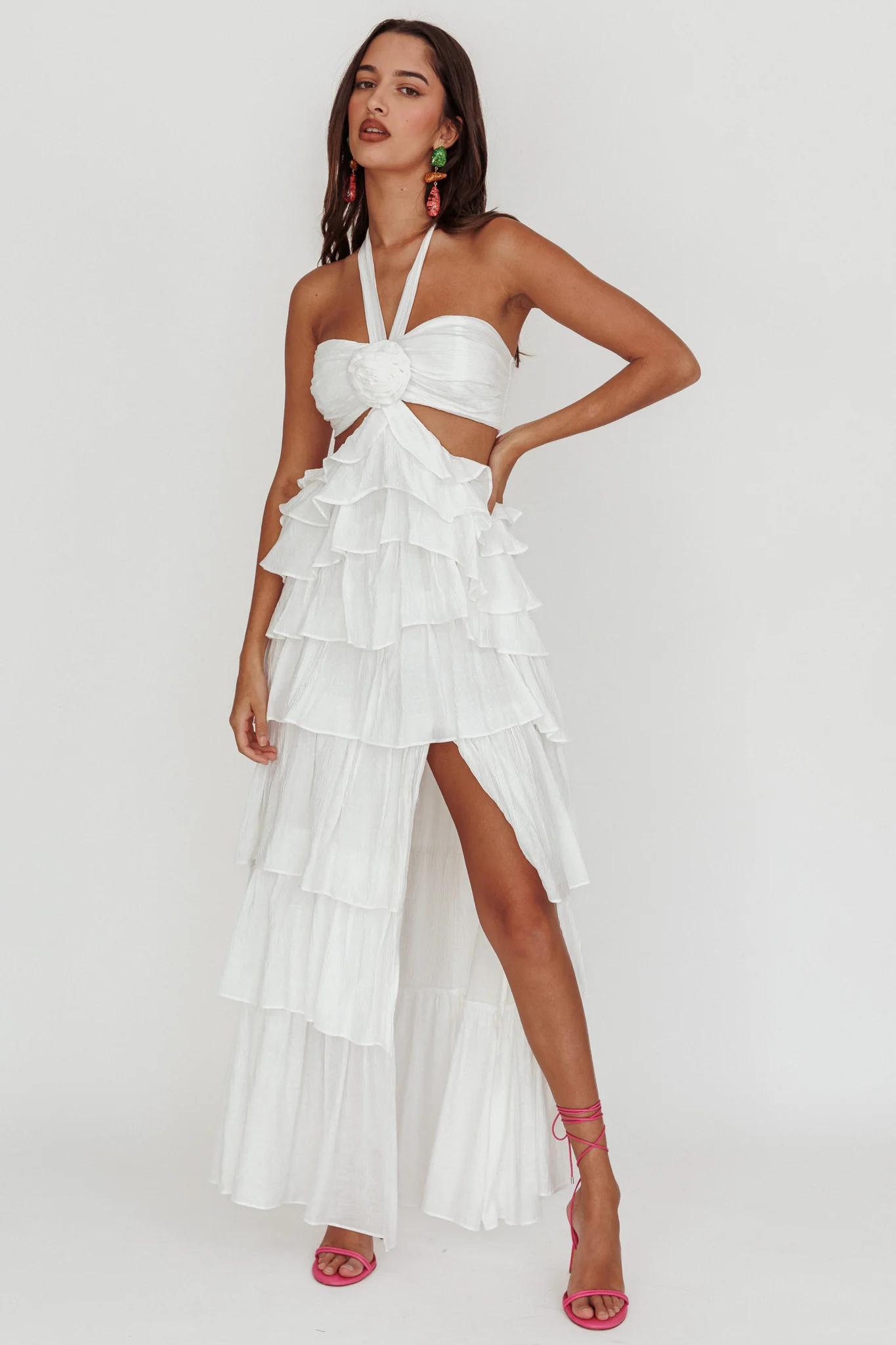 Morpheus Ruffle Halterneck Maxi Dress Off White - Sonourner
