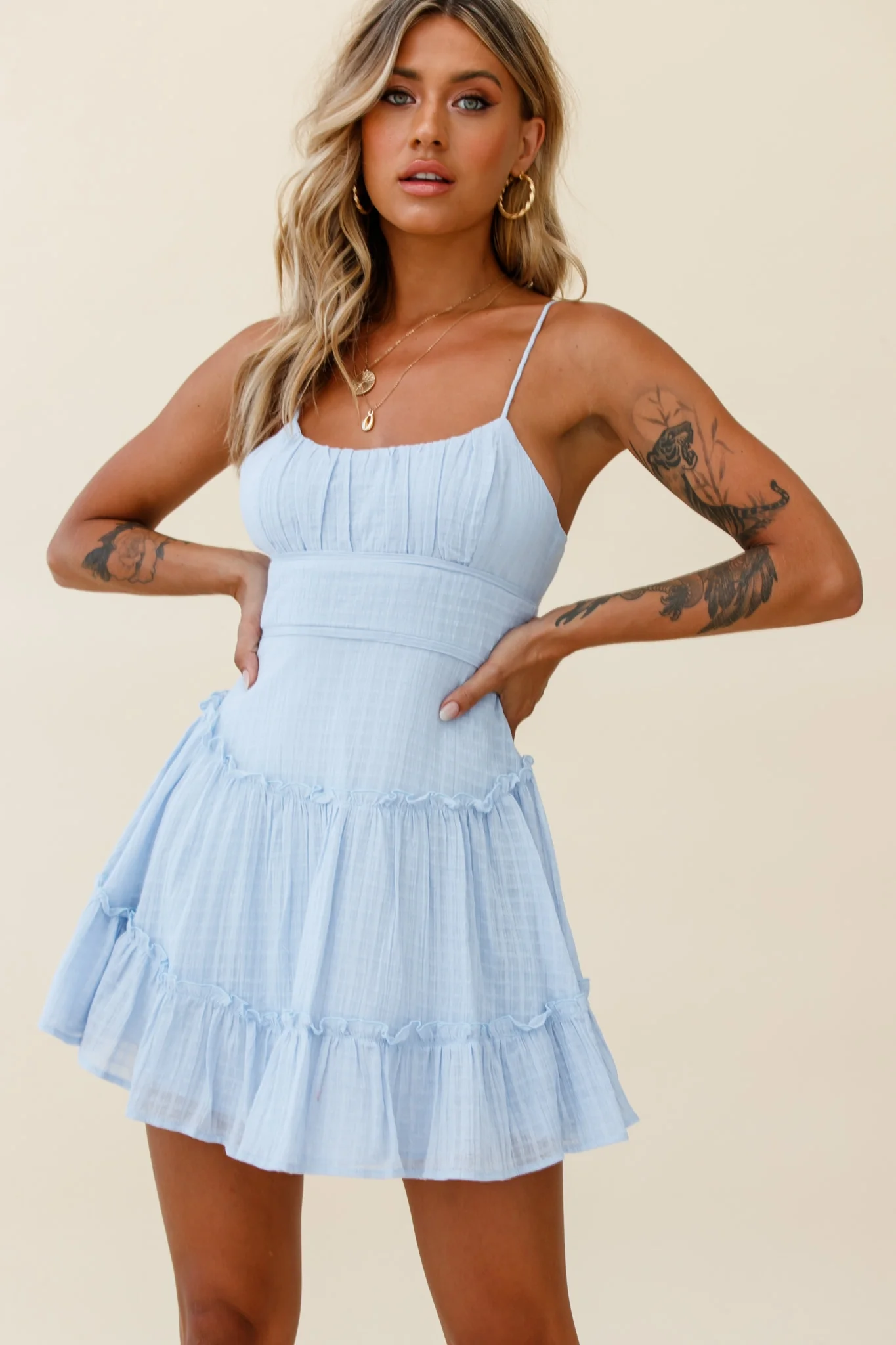 Stolen Moments Cami Strap Ruffle Dress Steel Blue - Sonourner