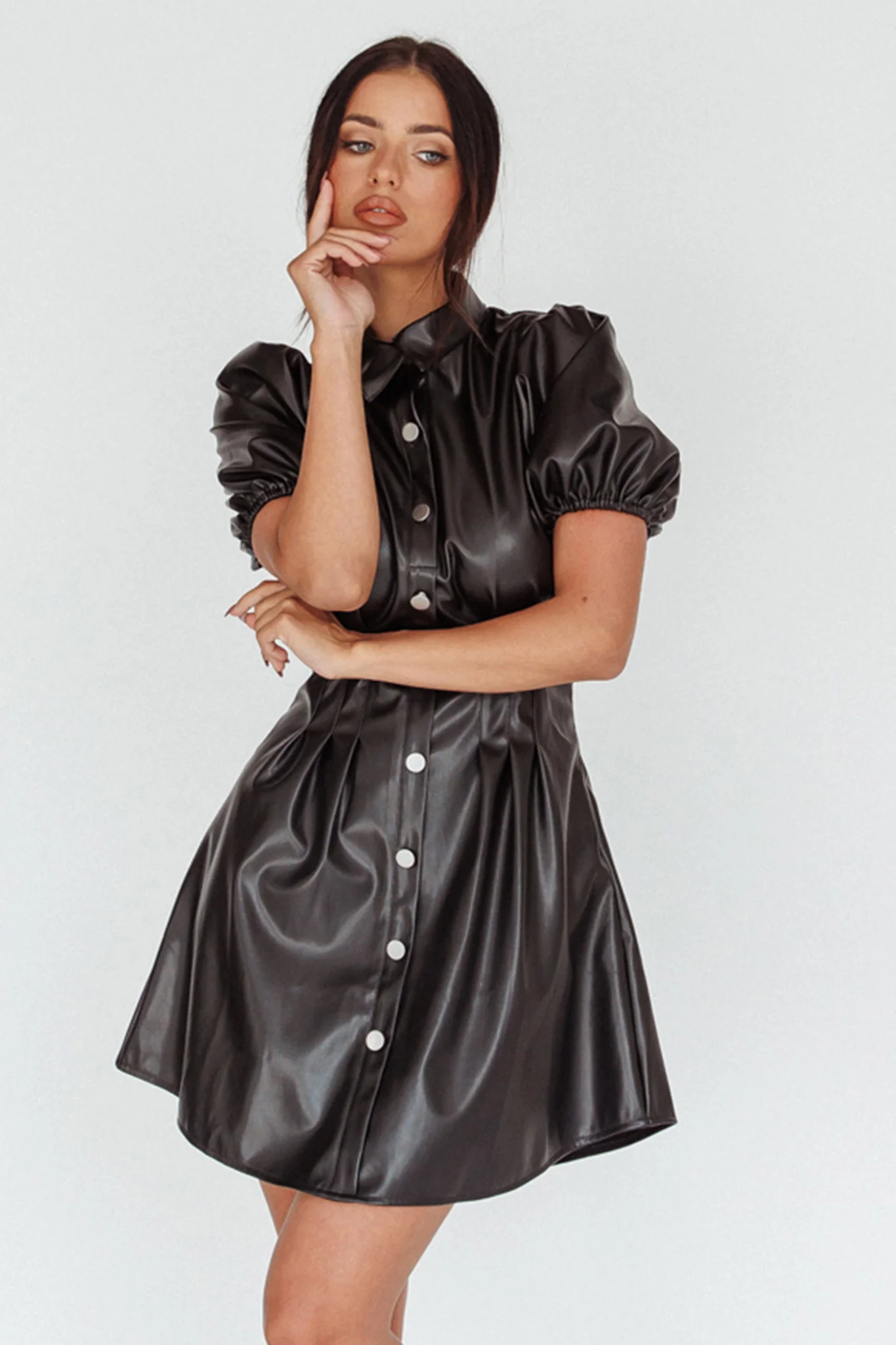 Zurich Pleated Waist Shirt Dress Faux Leather Black - Sonourner