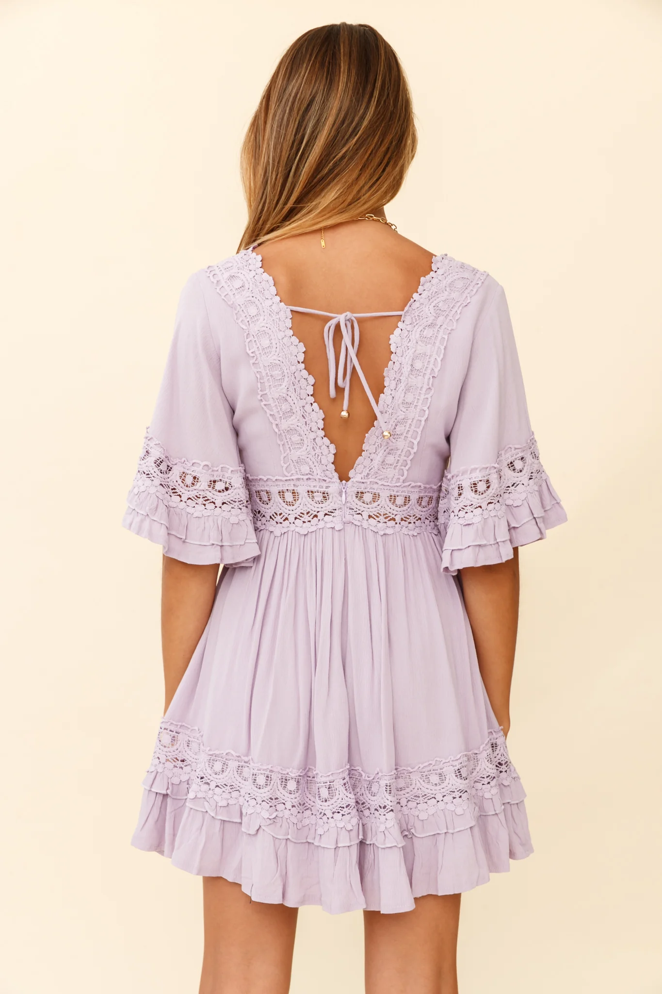 Kauai V-Neckline Crochet Lace Trim Dress Lilac - Sonourner