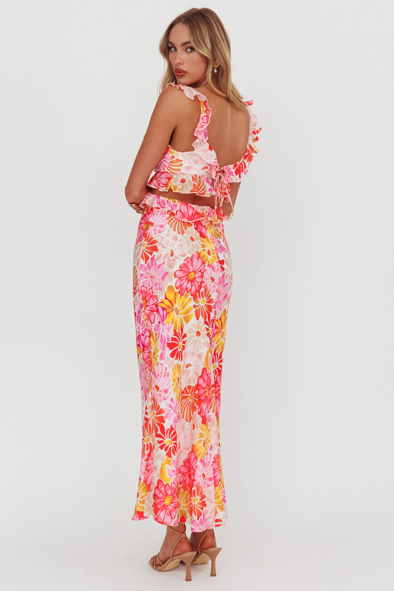 Second Chances Ruffle Trim Maxi Dress Flower Pink - Sonourner