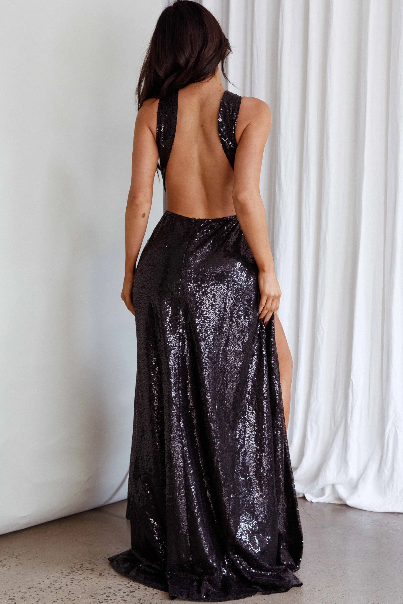 Kimba High Split Sequin Dress Black - Sonourner