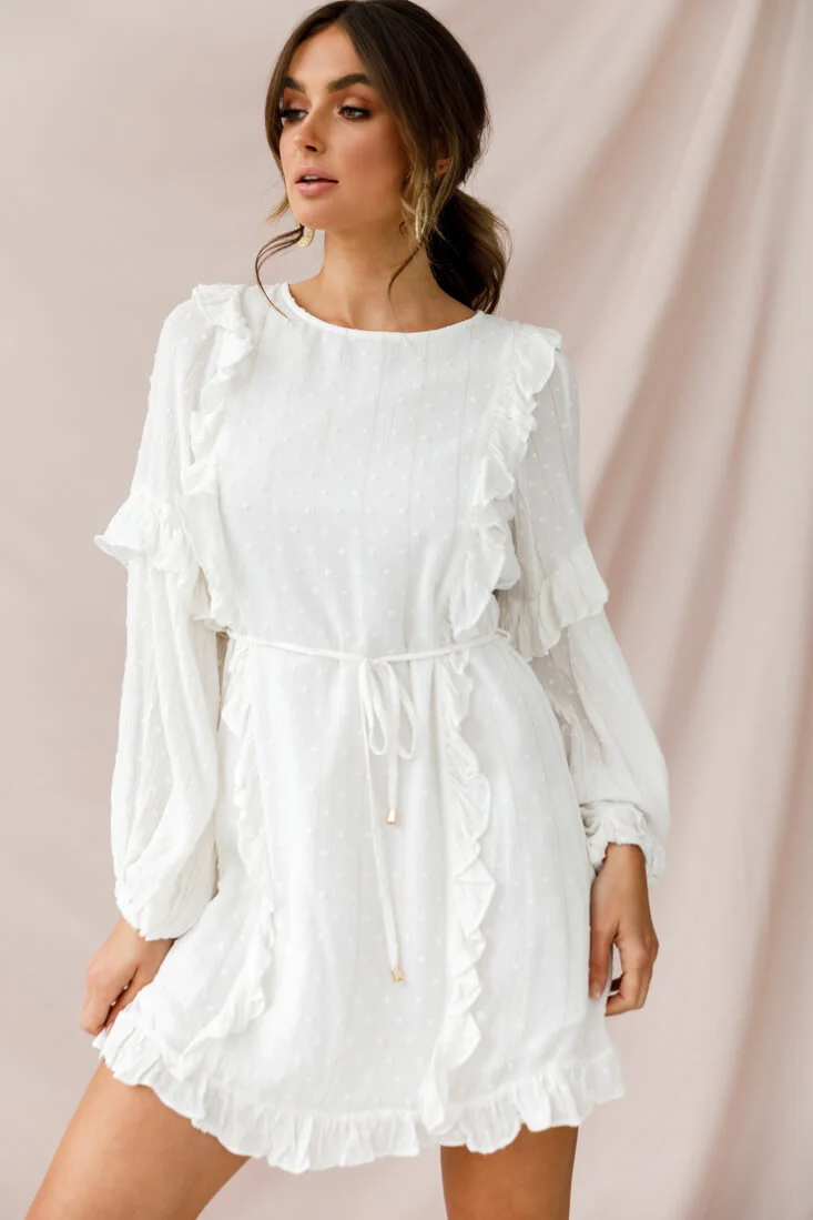 Maiden Long Sleeve Frill Dress White - Sonourner