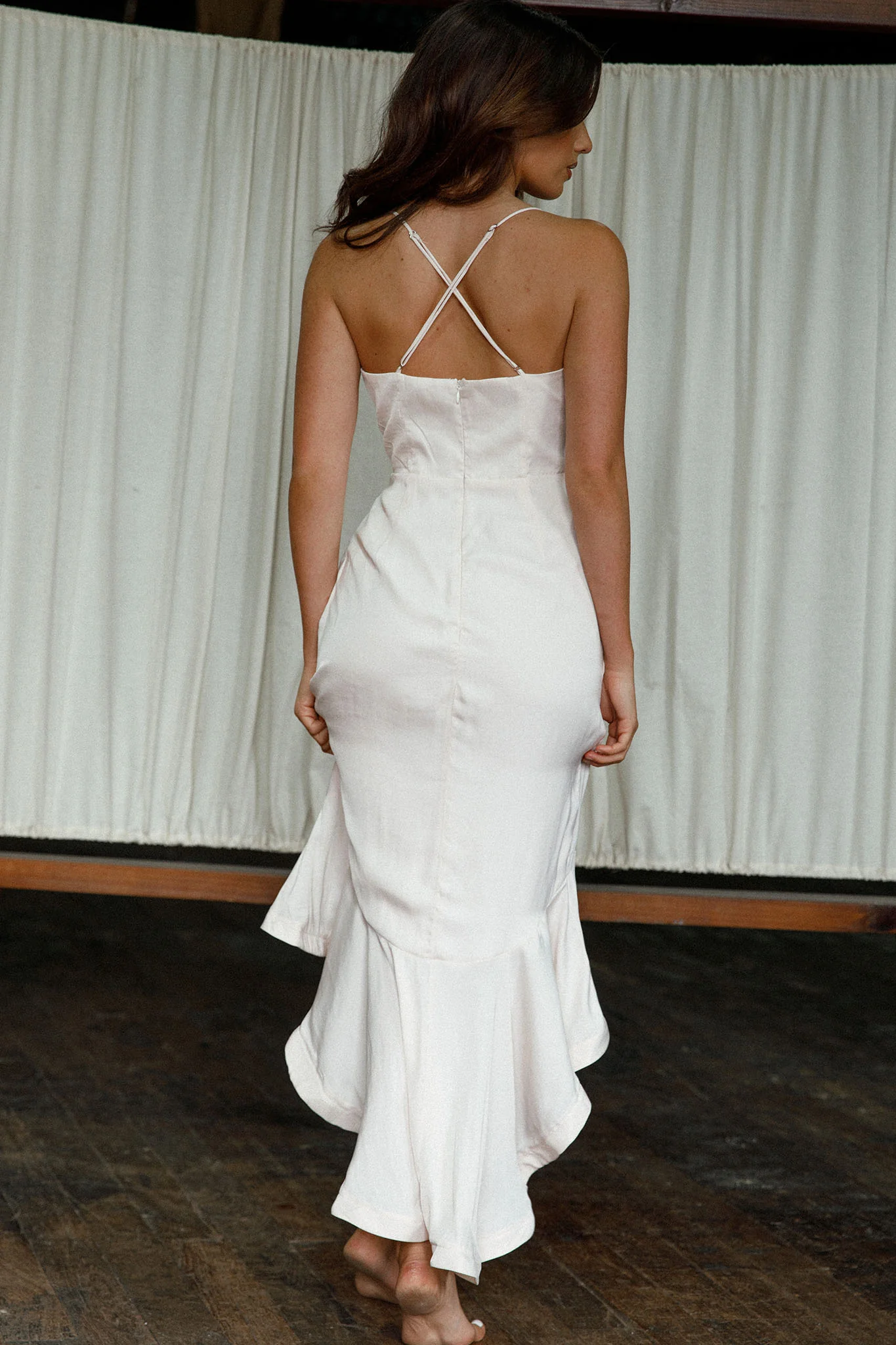 Dream Of Me Split Front Ruffle Midi Dress Bone - Sonourner