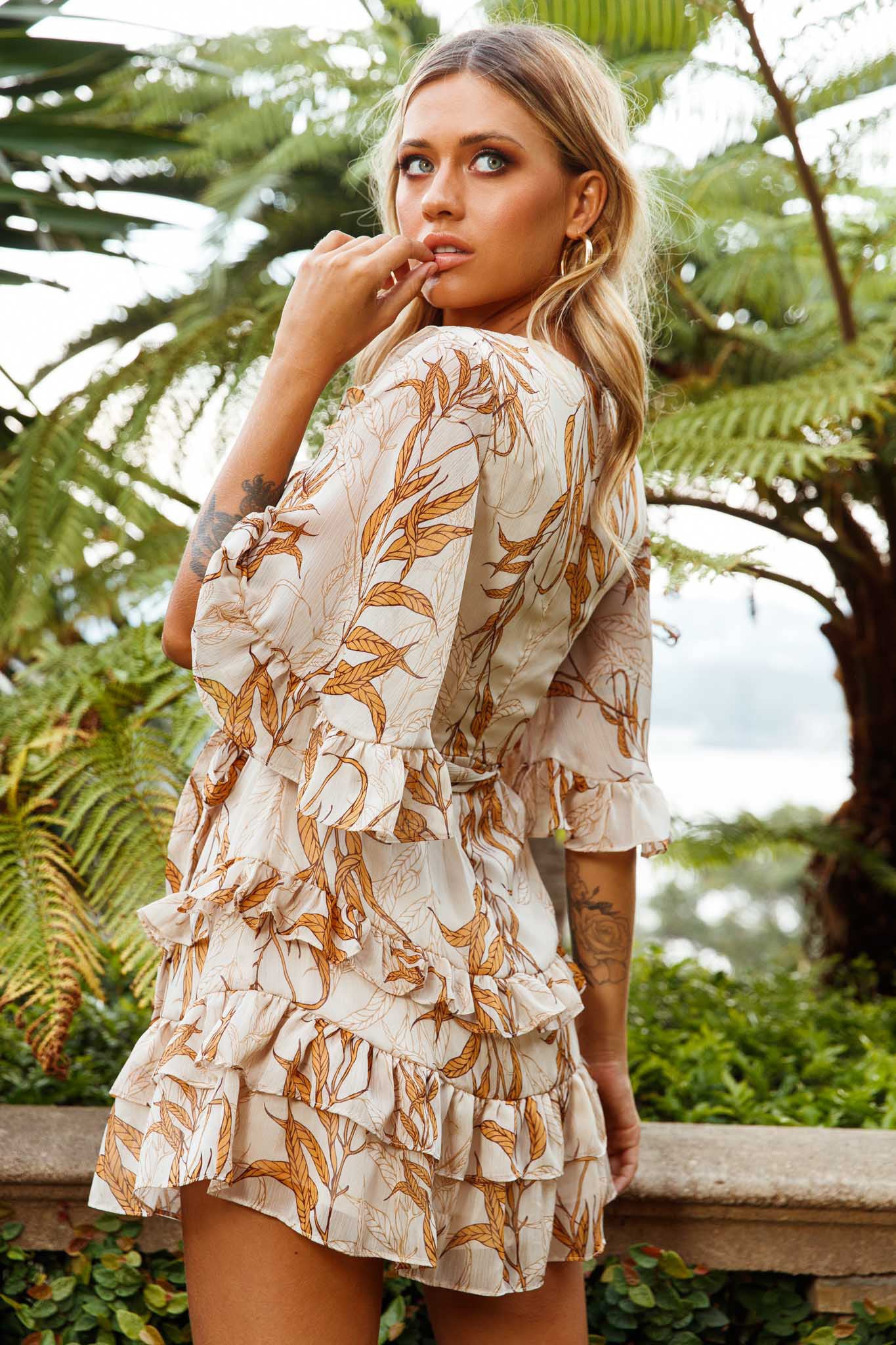 Time Will Tell Angel Sleeve Frill Detail Dress Leaf Print Beige - Sonourner