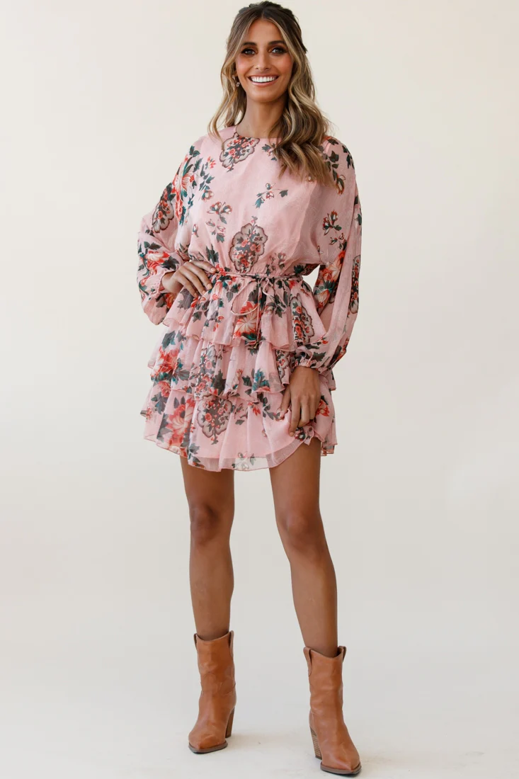 Odessa Long Sleeve Layered Ruffle Dress Floral Print Pink - Sonourner