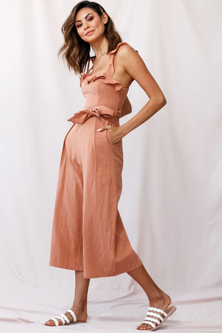 Kaia Ruffle Strap Wide-Leg Capri Jumpsuit Tan - Sonourner