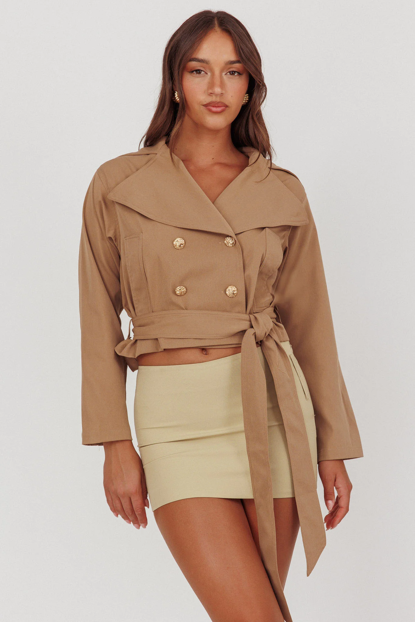 Envision Crop Waist Tie Jacket Tan - Sonourner