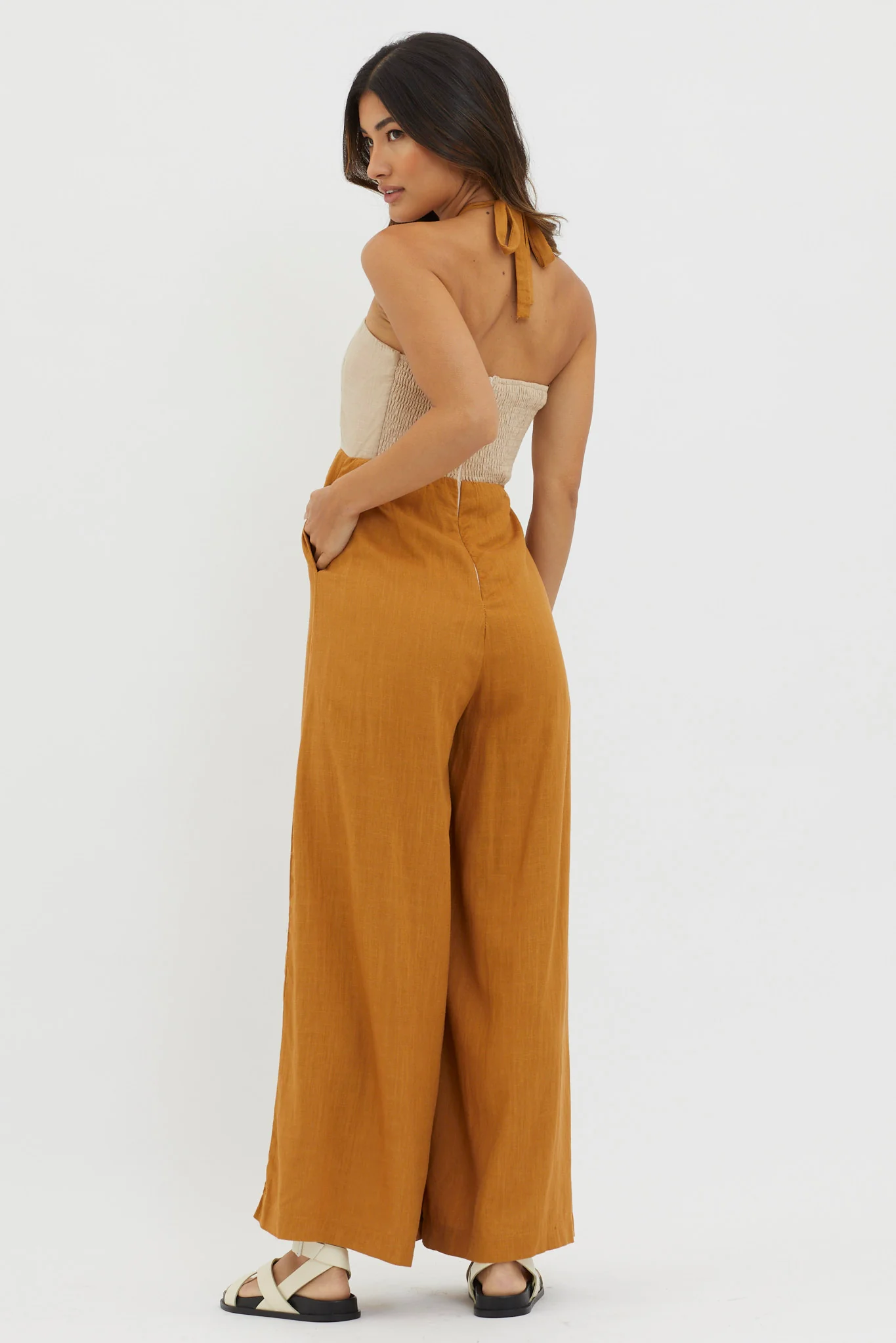 Maryn Wide Leg Halterneck Jumpsuit Mocha - Sonourner