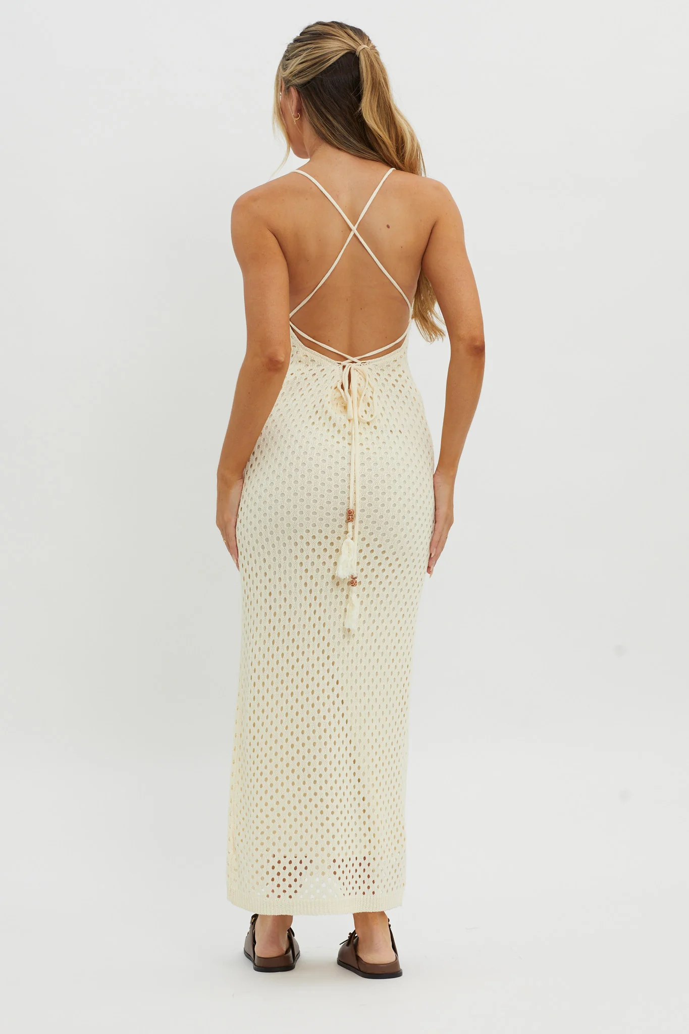 Kesha Open Back Crochet Maxi Dress Cream - Sonourner