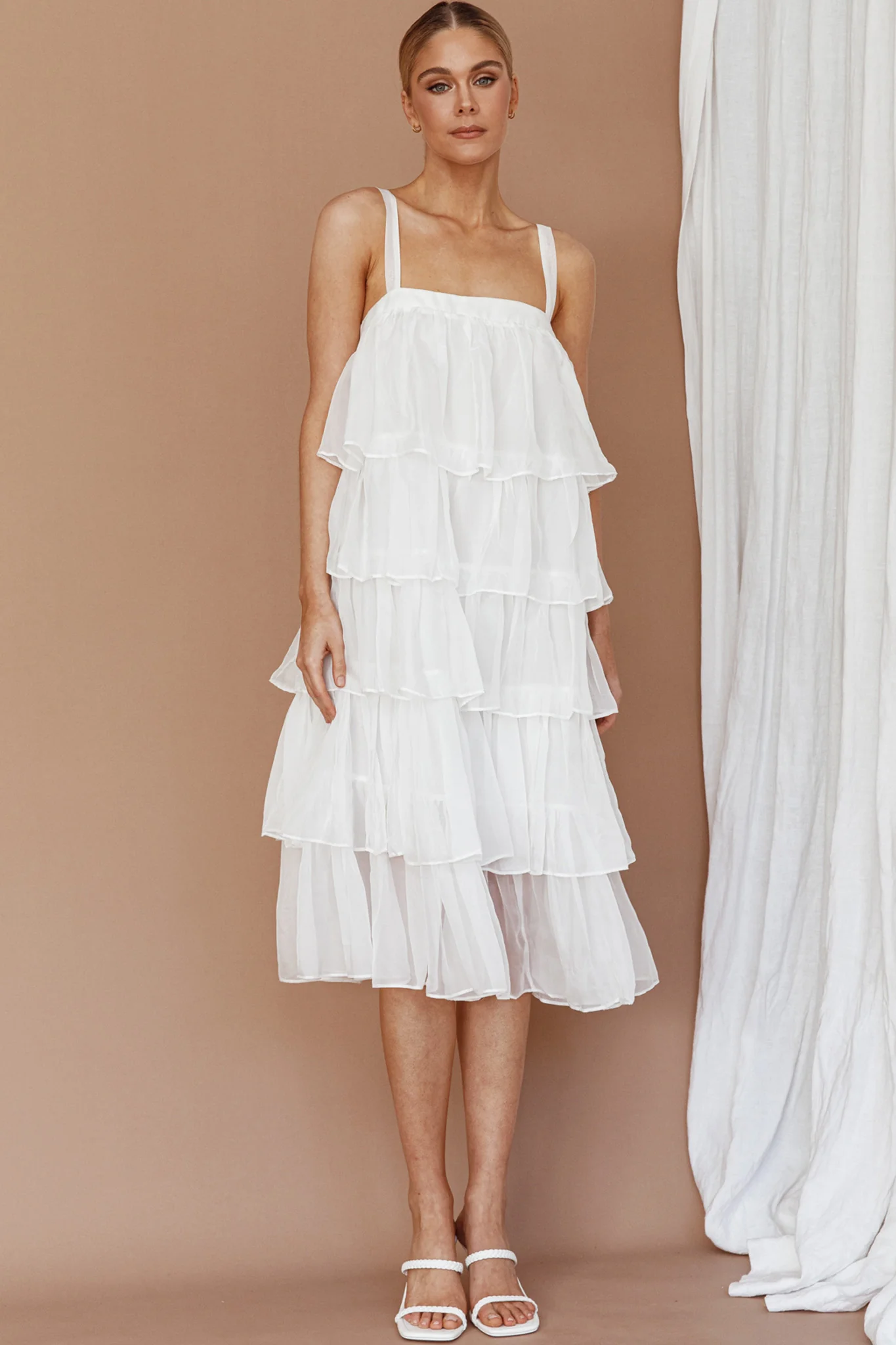 Merry Layered Frill Midi Dress White - Sonourner