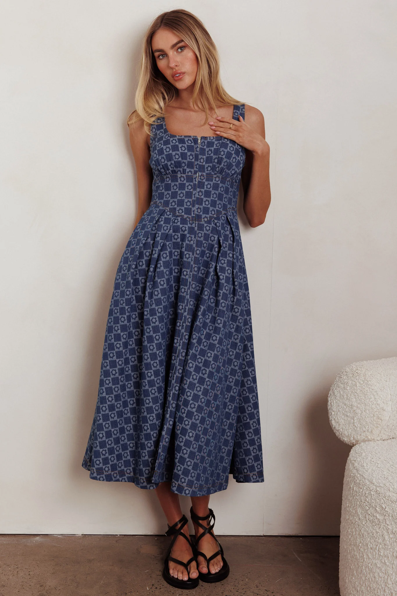 Hair Down Square Neck A-Line Midi Dress Floral Denim - Sonourner