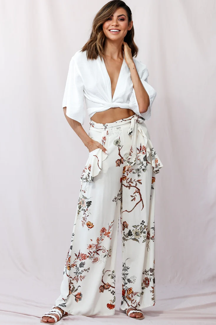 Amanda Wide-Leg Frill Detail Pants Floral Print Beige - Sonourner