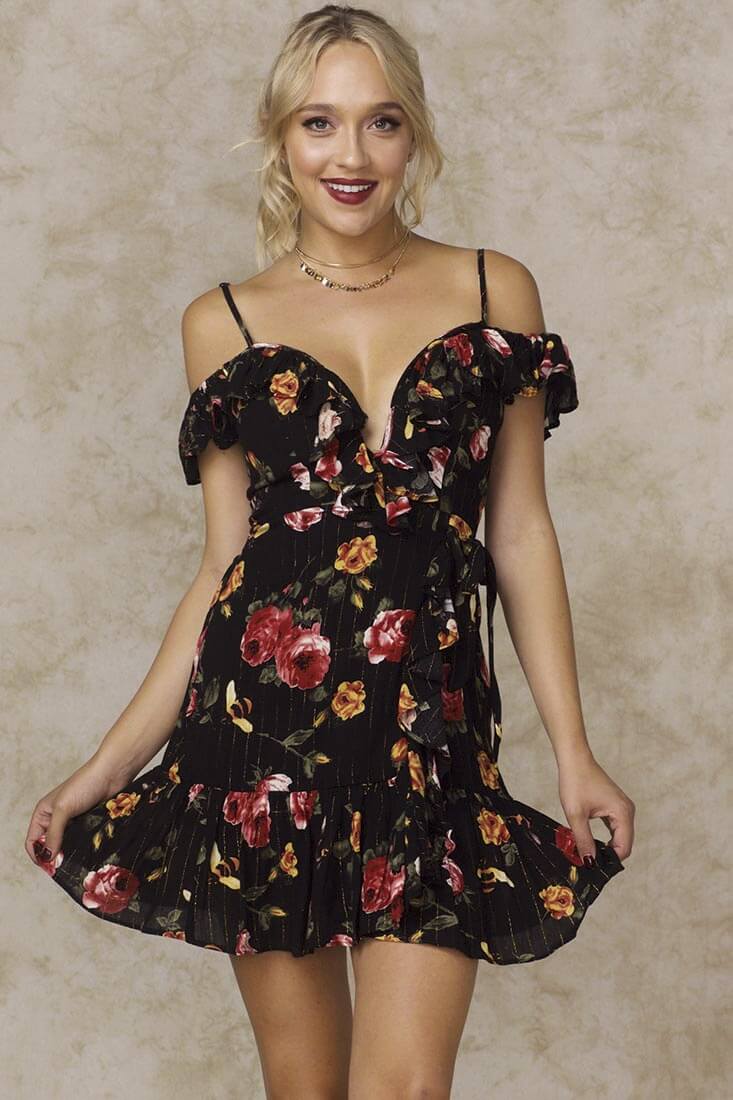 Amindi Ruffled Off the Shoulder Dress Black - Sonourner