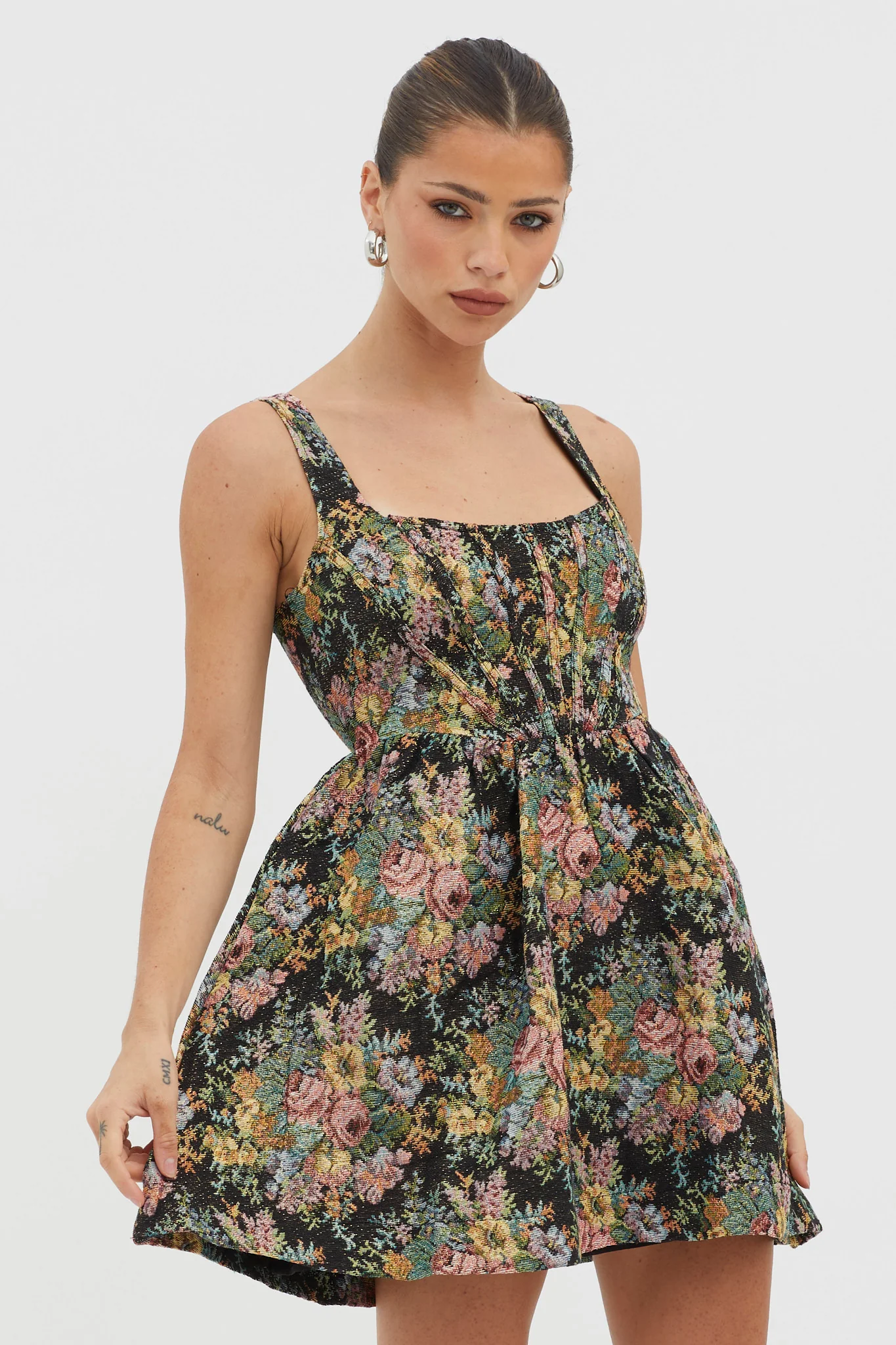 Strong Feelings A-Line Floral Embroidery Dress Black - Sonourner