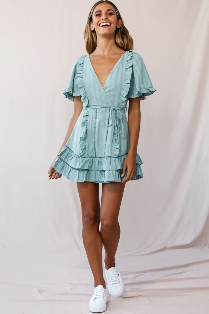 Marybelle Angel Sleeve A-Line Ruffle Dress Sage - Sonourner