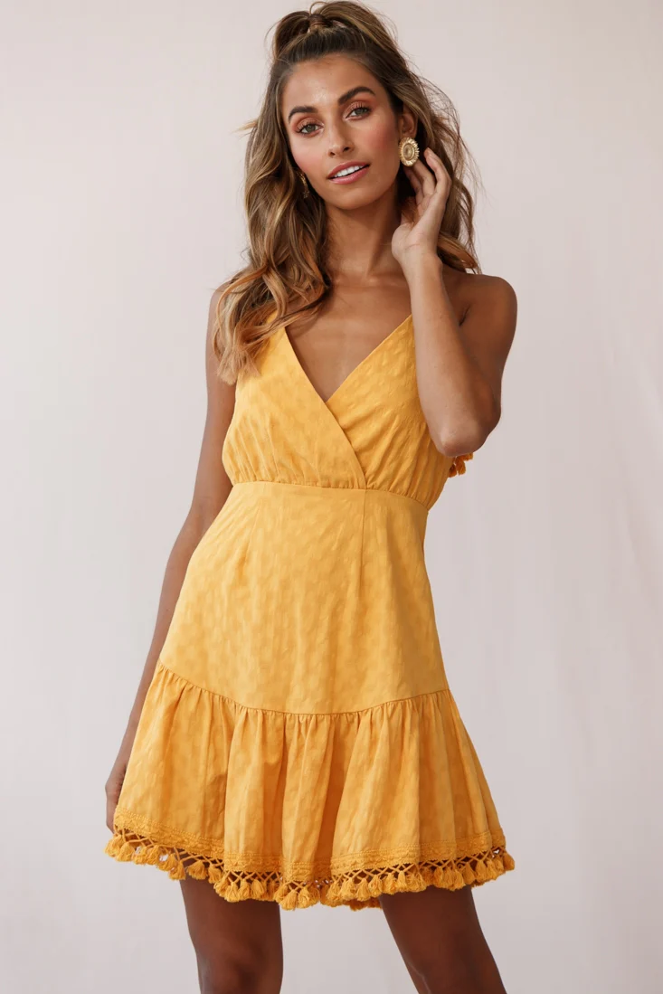 Lazy Days Tied Back Tassel Trim Dress Mustard - Sonourner