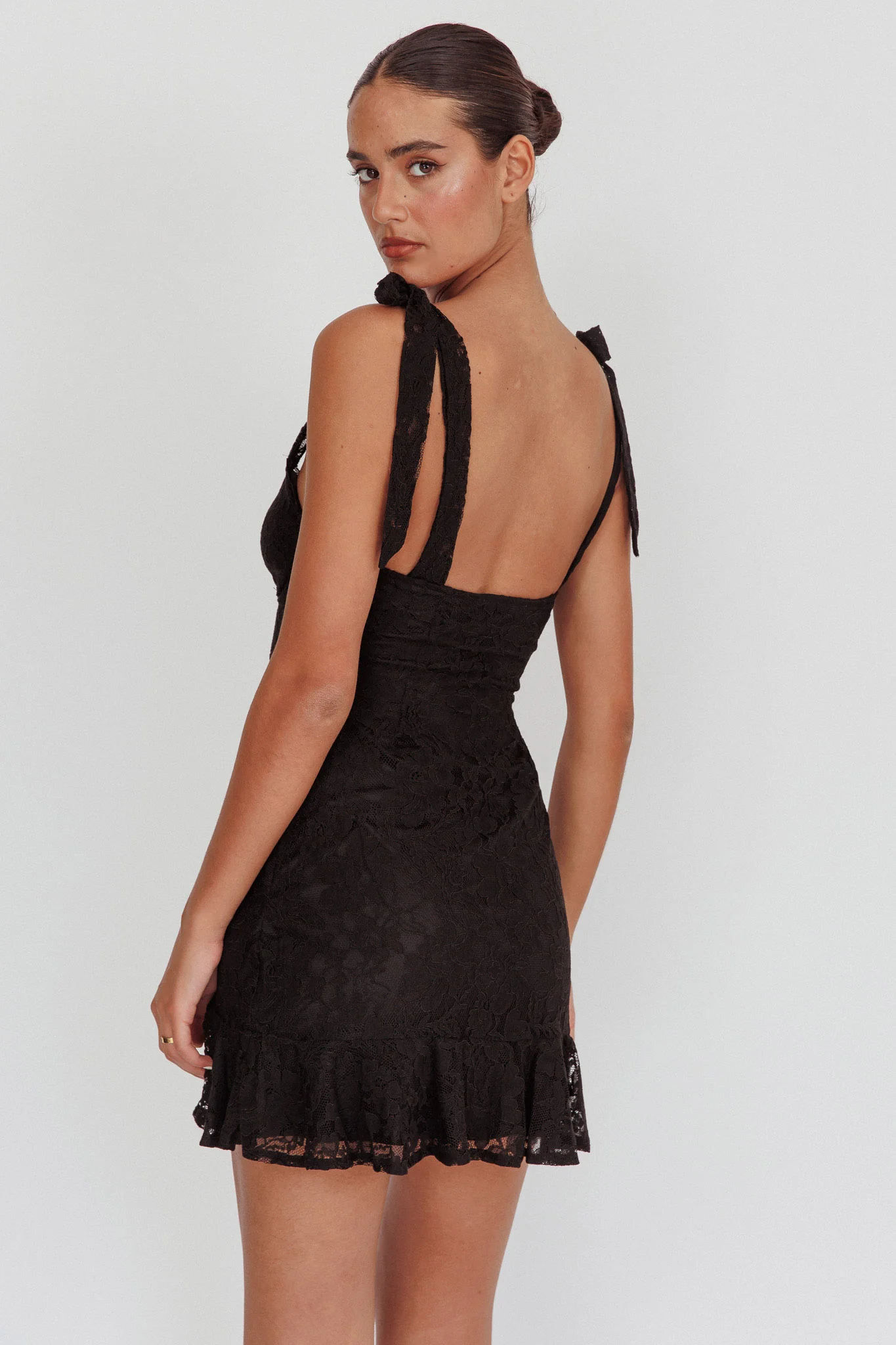 Emine Bow Shoulder Lace Mini Dress Black - Sonourner