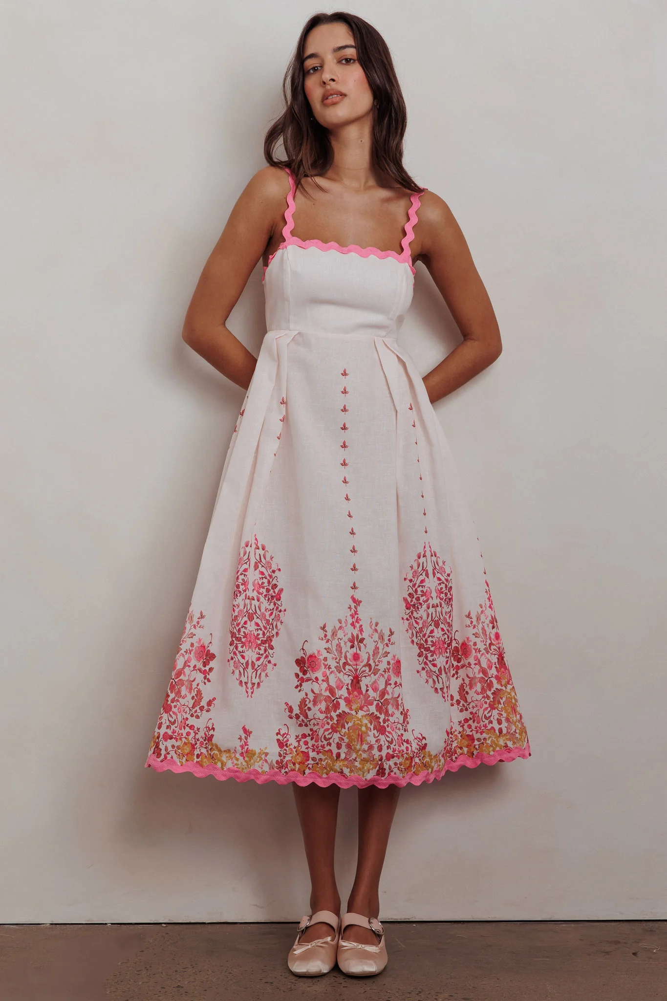 Asami Floral Print Ric Rac Trim Midi Dress Blush - Sonourner