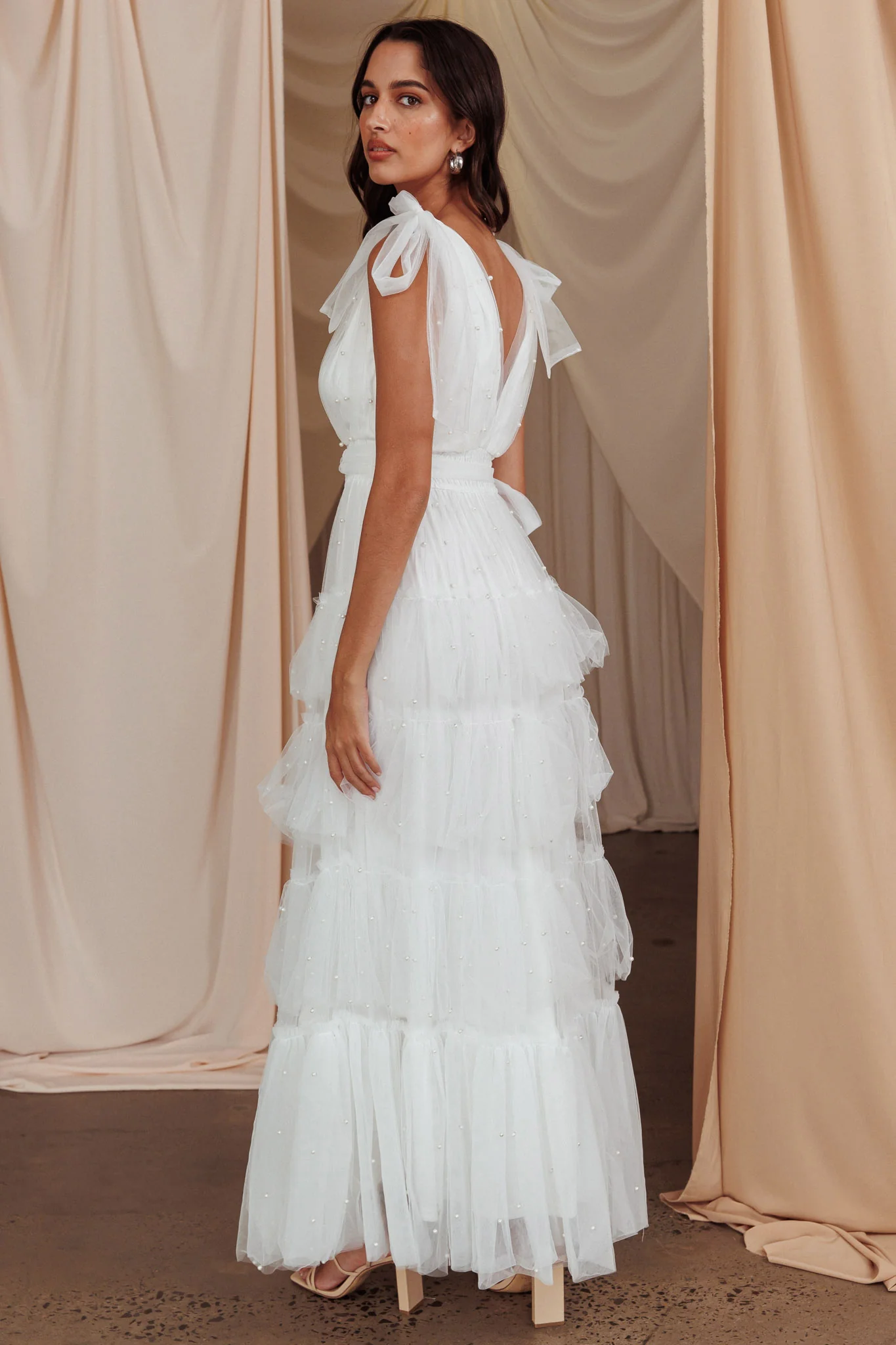 My Fair Lady Bow Shoulder Pearl Maxi Dress White - Sonourner