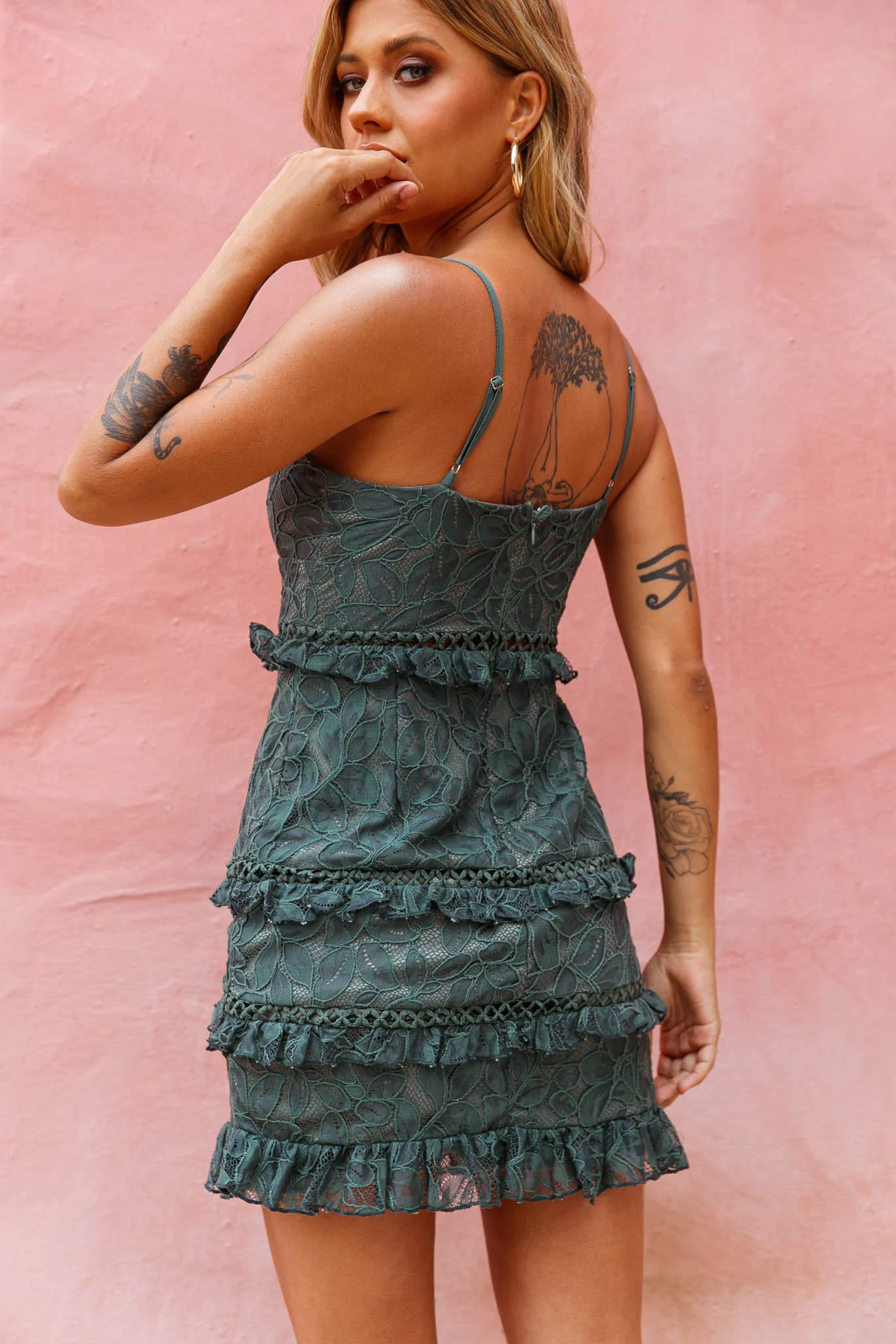 Dear Lover Cami Strap Frill Detail Lace Dress Green - Sonourner