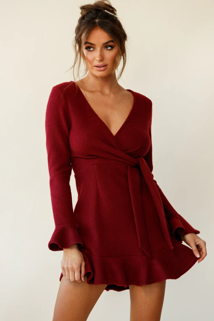 Shalini Flared Cuff Surplice Neckline Knit Dress Wine - Sonourner