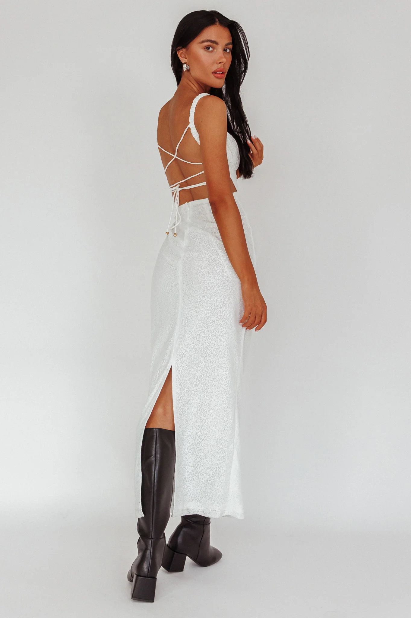 Dream Crush Lace-Up Back Mesh Overlay Midi Dress White - Sonourner