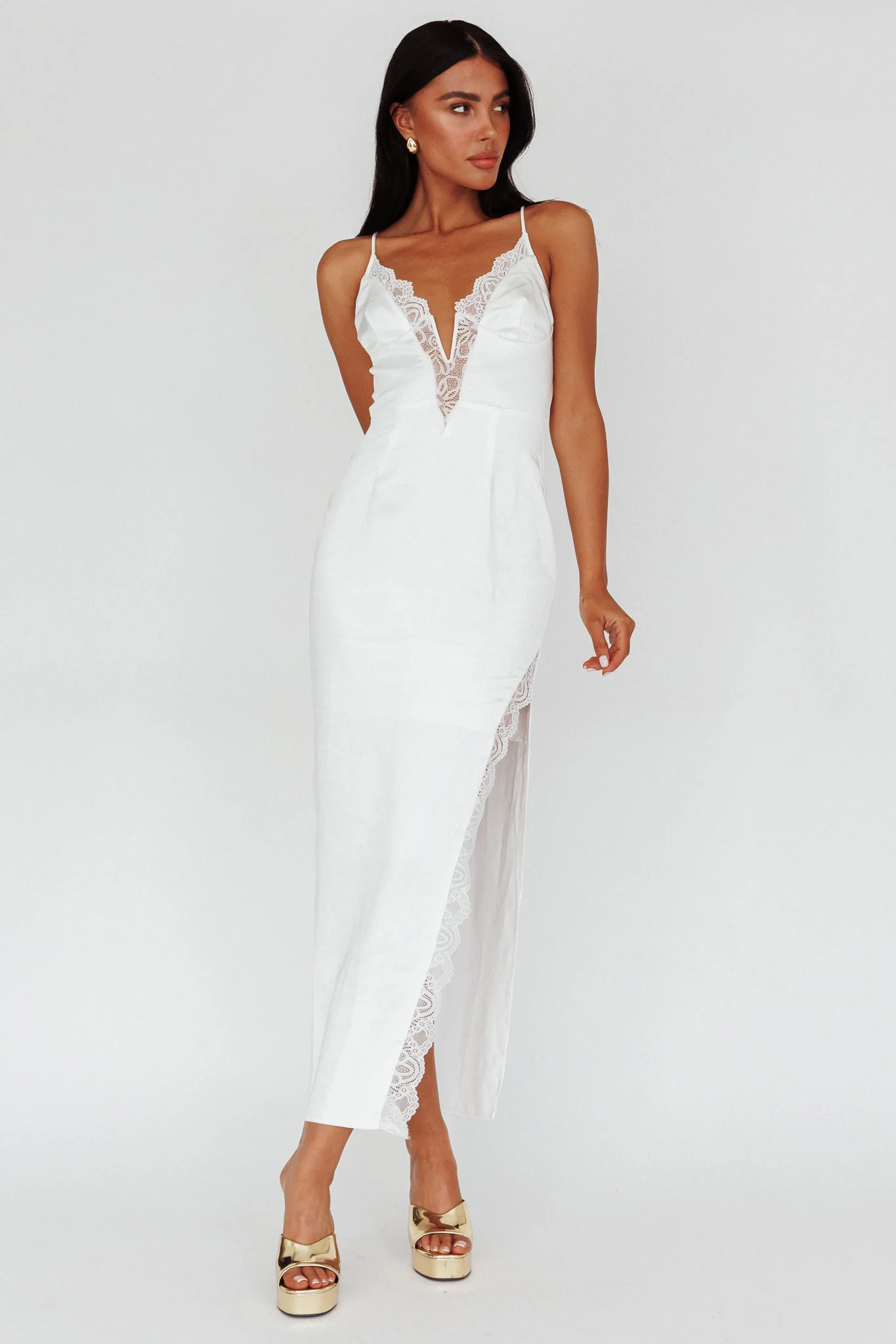 Salma Lace V-Neckline Midi Dress White - Sonourner