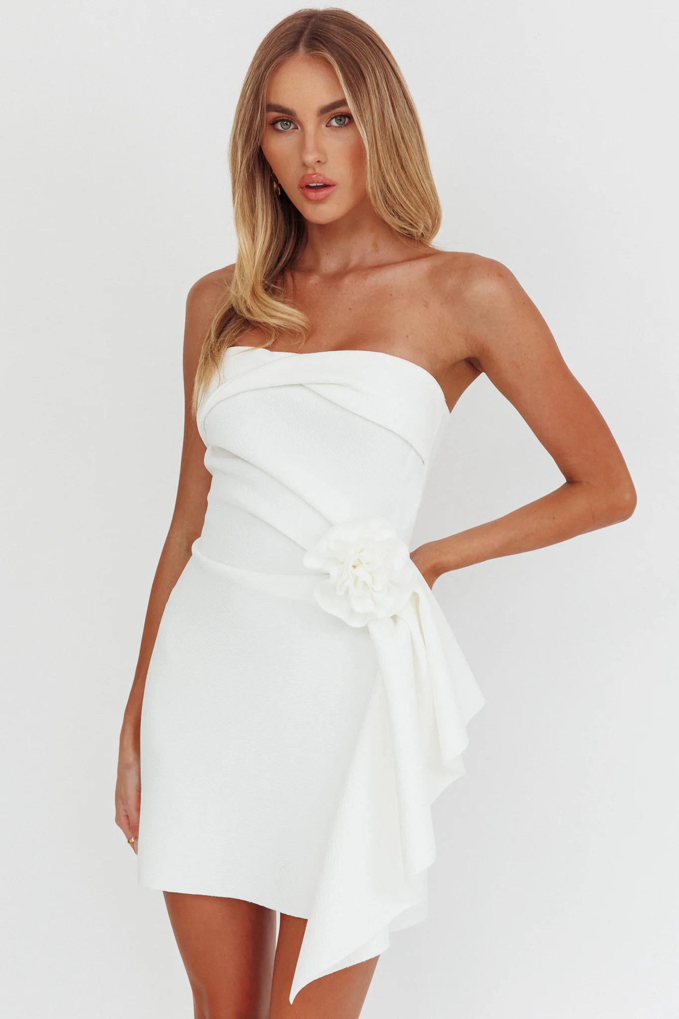 Sasha Cascade Ruffle Rosette Mini Dress White - Sonourner