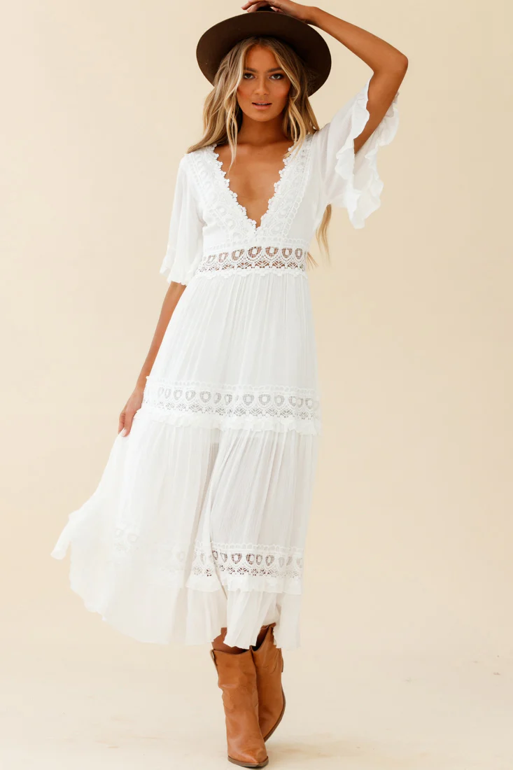 Indio Crochet Insert Deep V-Neckline Angel Sleeve Maxi Dress White - Sonourner