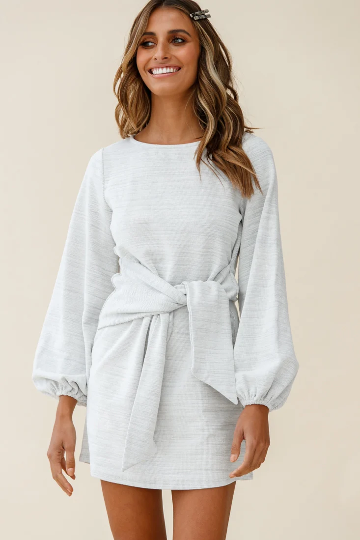 Rapt Waist Tie Bishop Sleeve Knit Dress Steel Grey - Sonourner